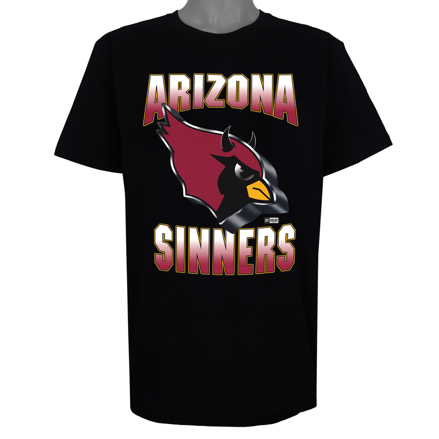 Arizona Sinners parody graphic featuring a red bird with black devil horns and chrome metallic borders on a Basic Black t-shirt with a high-durability DTF print.