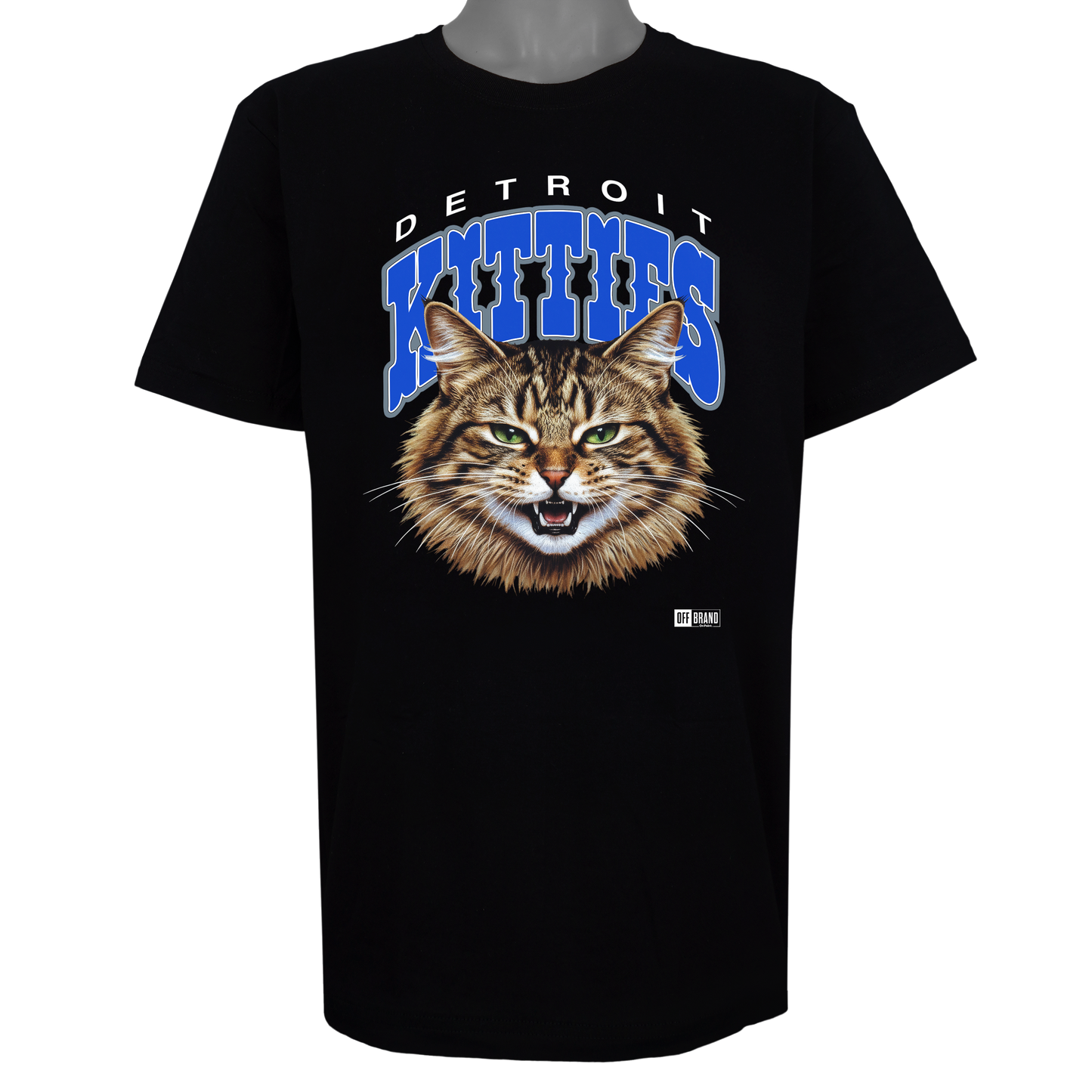 Detroit Kitties parody t-shirt inspired by Detroit Lions football culture, featuring original cat artwork on a Basic Black garment.