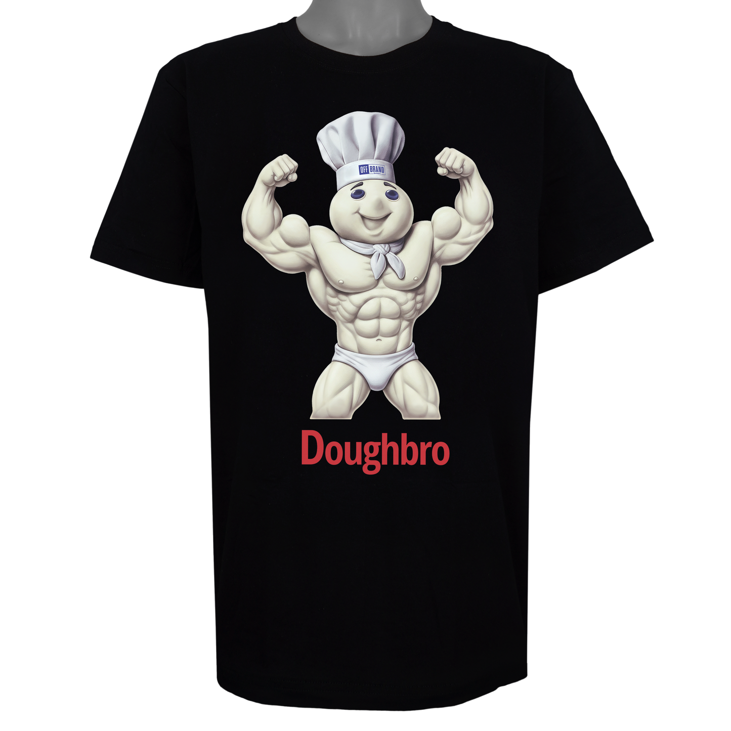 Doughbro parody t-shirt featuring a muscular dough boy mascot in a chef's hat on a Basic Black tee.