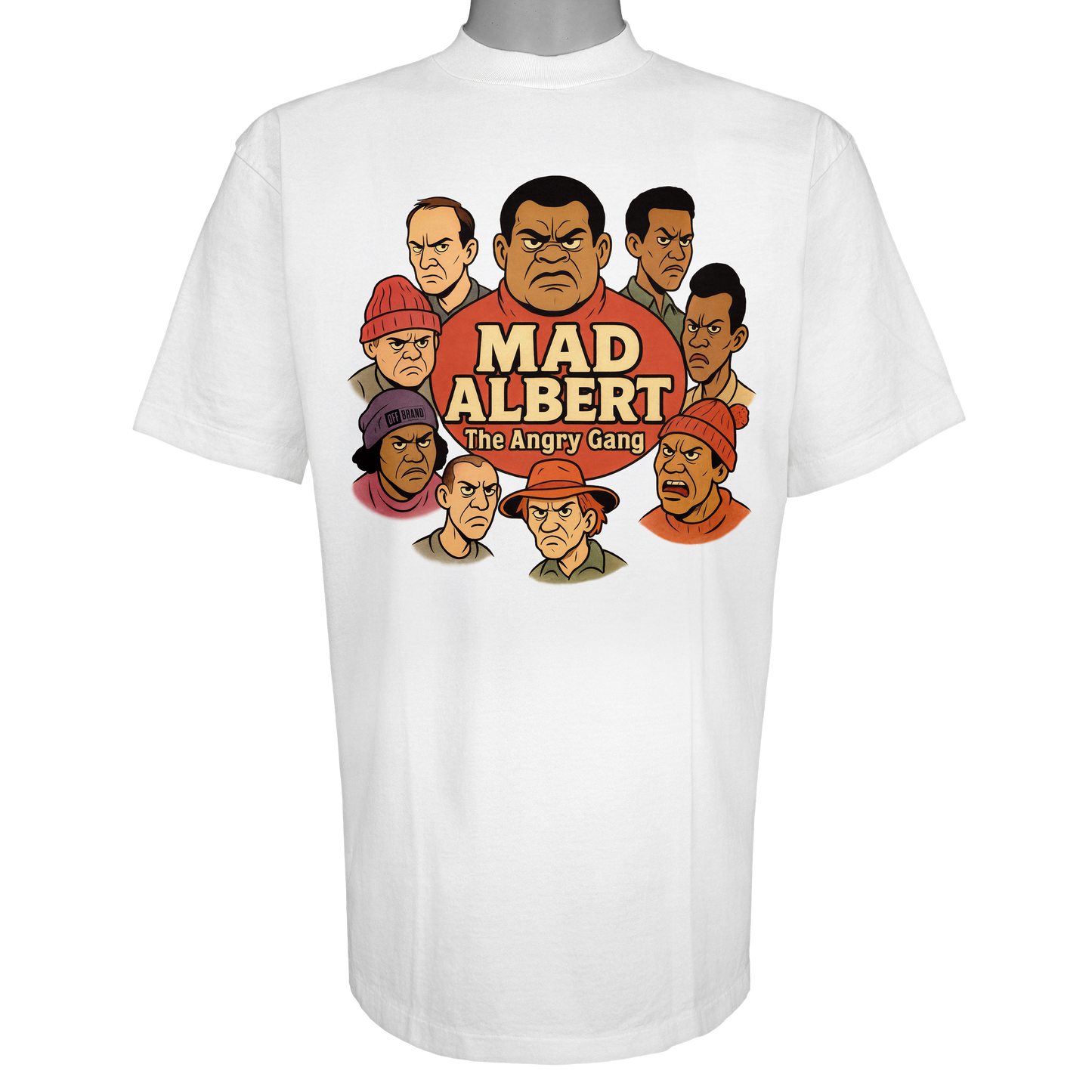 Mad Albert and The Angry Gang parody t-shirt featuring a group of gritty, frowning animated characters in a street-style circular graphic on a Vintage White garment.