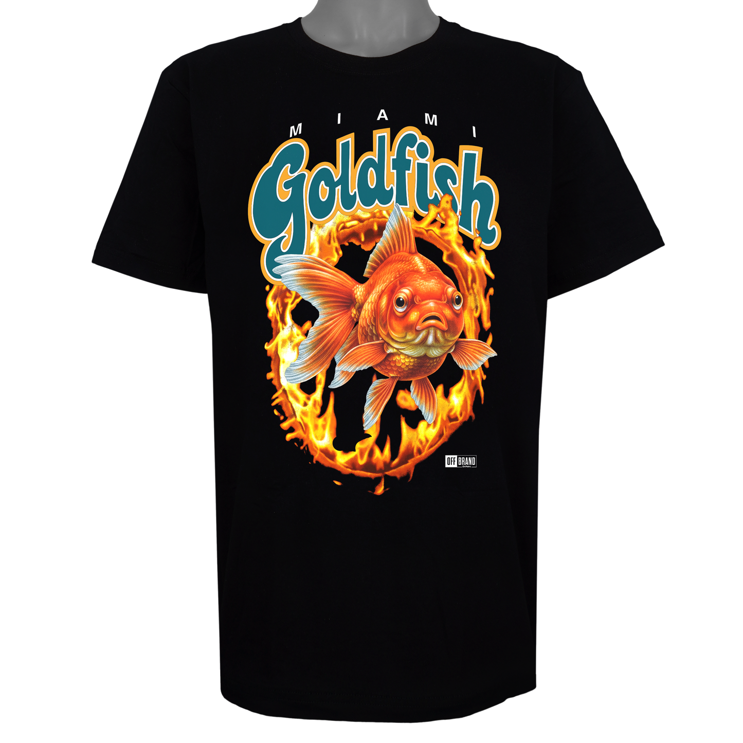 Miami Goldfish parody t-shirt inspired by Miami football culture, featuring original flaming goldfish artwork on a Basic Black garment.