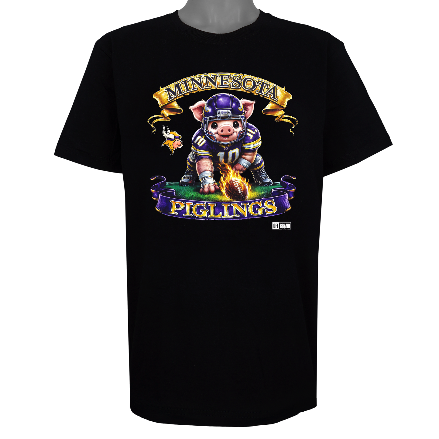 Minnesota Piglings parody t-shirt featuring a helmeted piglet in purple and gold on a Basic Black garment.