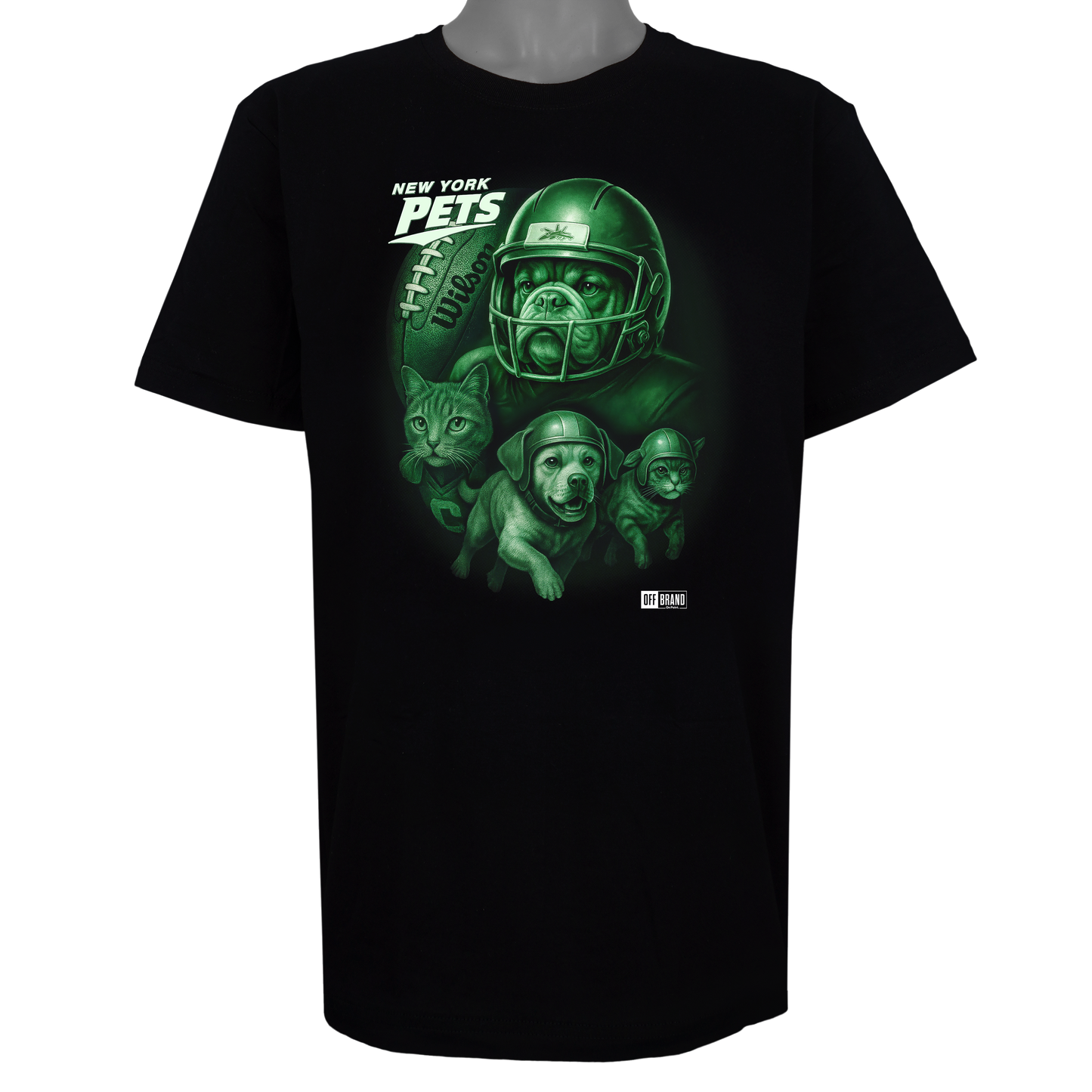 New York Pets parody t-shirt inspired by New York football culture, featuring original helmeted domestic animal artwork on a Basic Black garment.