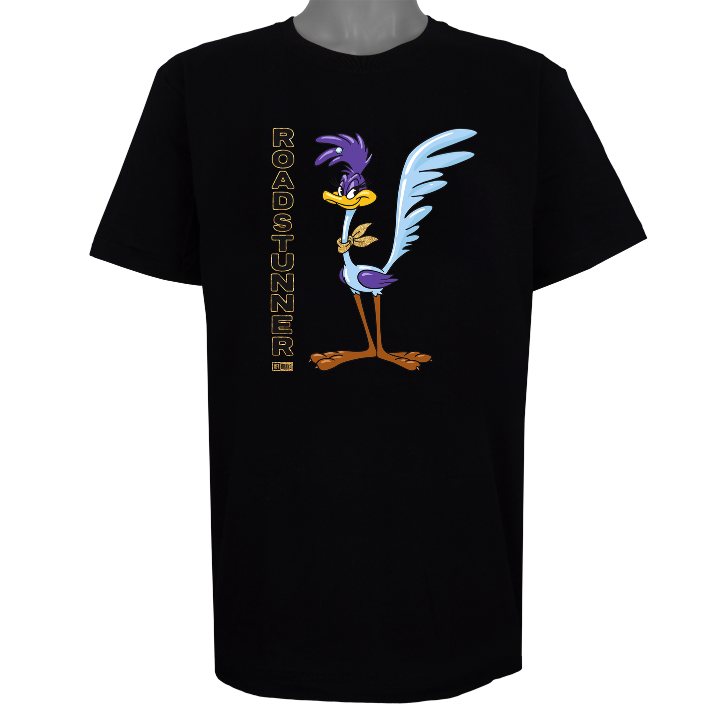 Roadstunner t-shirt featuring a stylized purple and blue bird with a gold bandana and vertical gold lettering on a Basic Black tee.