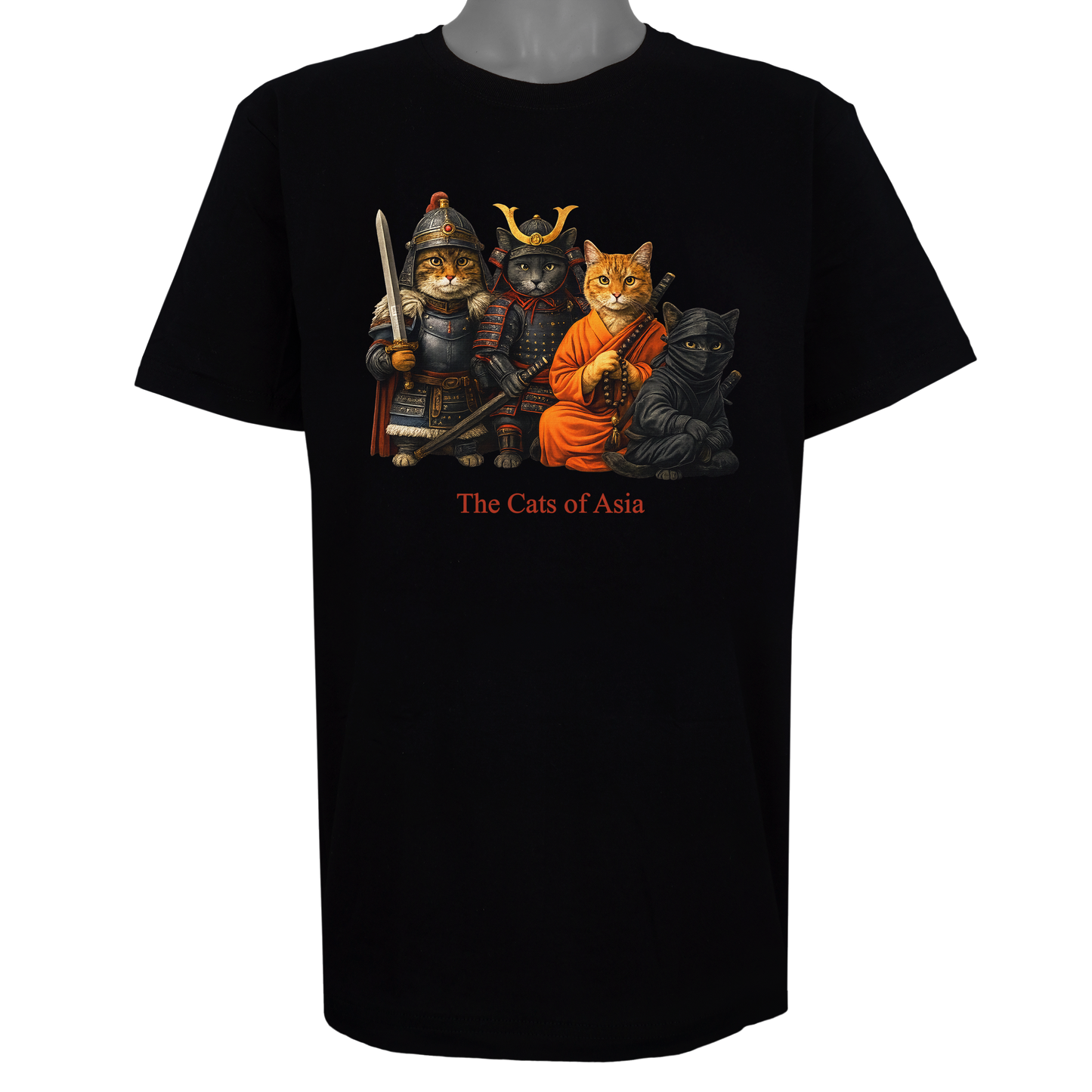 The Cats of Asia parody t-shirt inspired by historical warrior culture, featuring original cat artwork on a Basic Black tee.