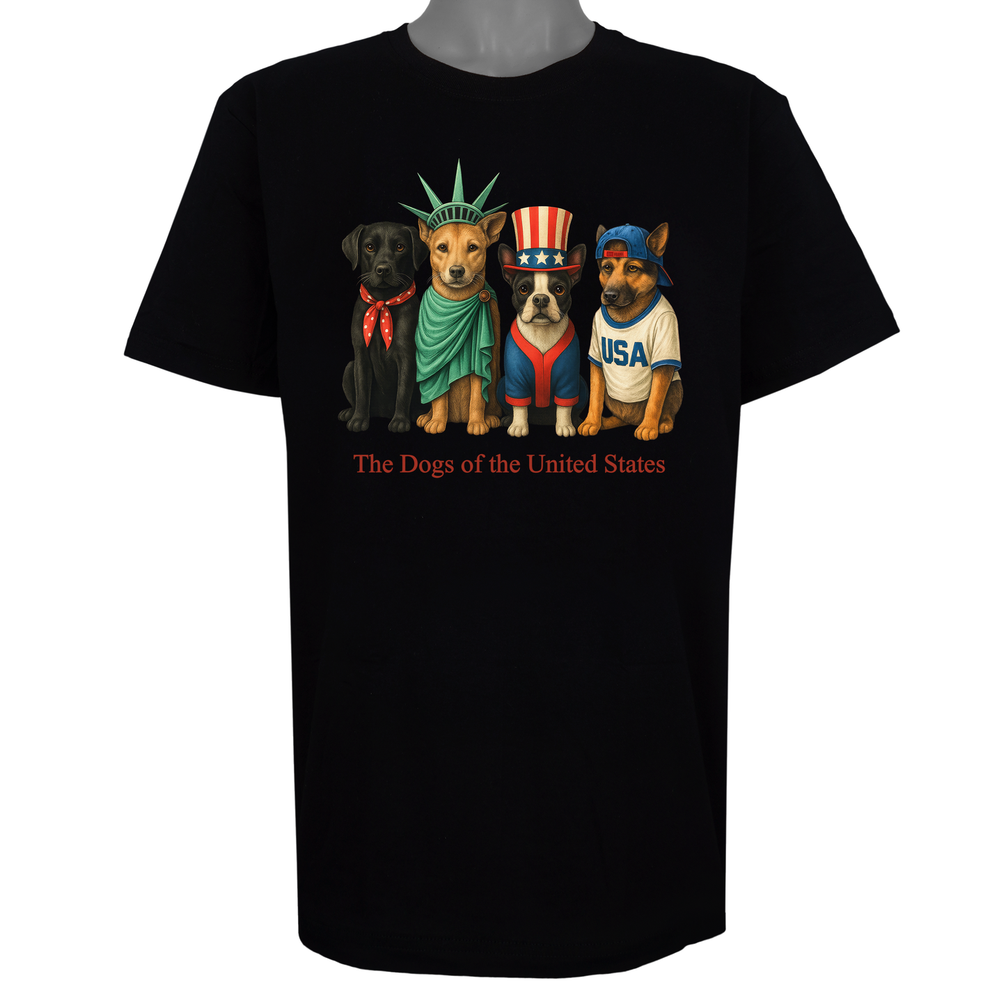 The Dogs of the United States parody t-shirt inspired by patriotic culture, featuring original dog artwork on a Basic Black tee.
