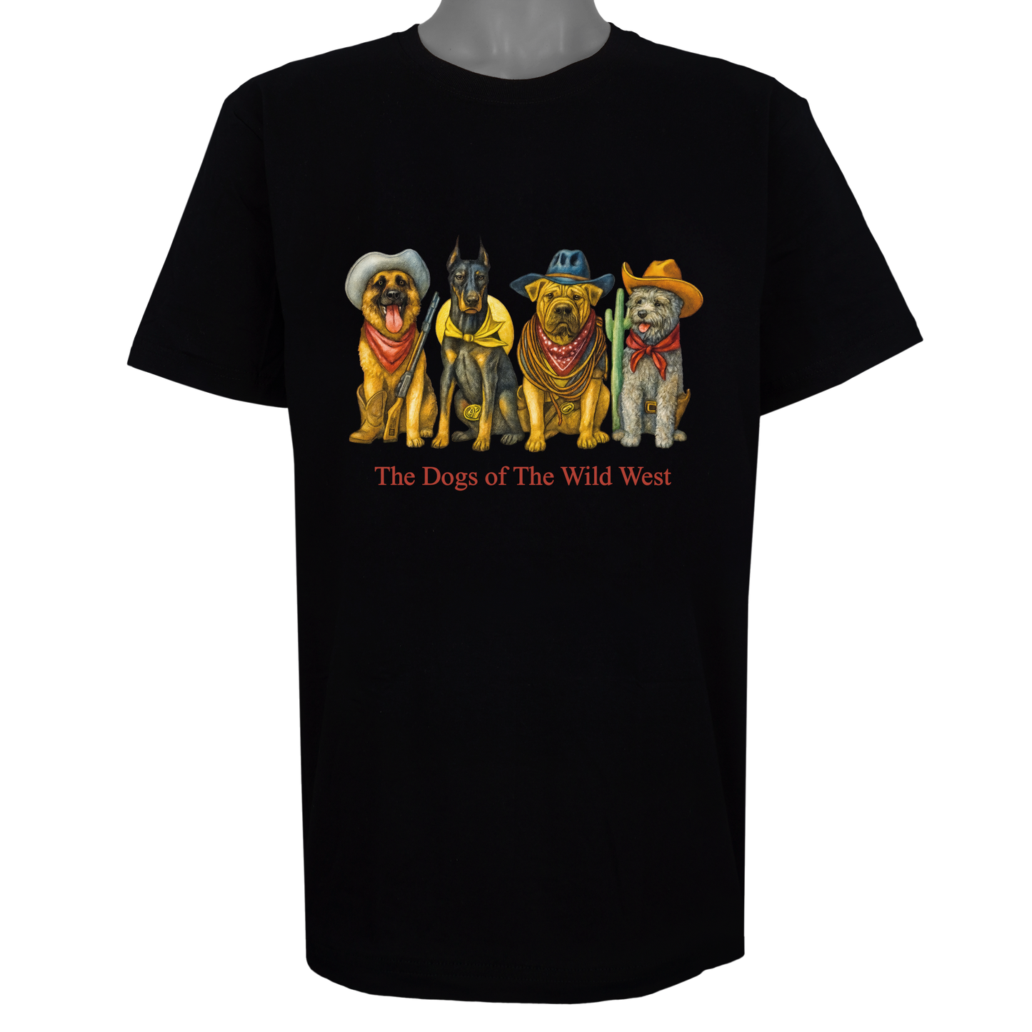 The Dogs of the Wild West parody t-shirt inspired by American frontier culture, featuring original dog artwork on a Basic Black tee.