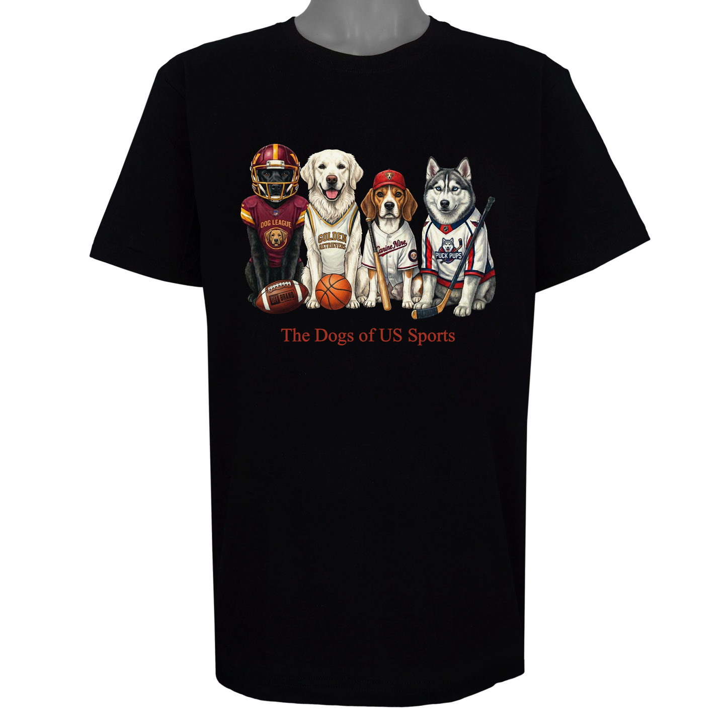 The Dogs of US Sports parody t-shirt inspired by professional athletic culture, featuring original dog artwork on a Basic Black tee.