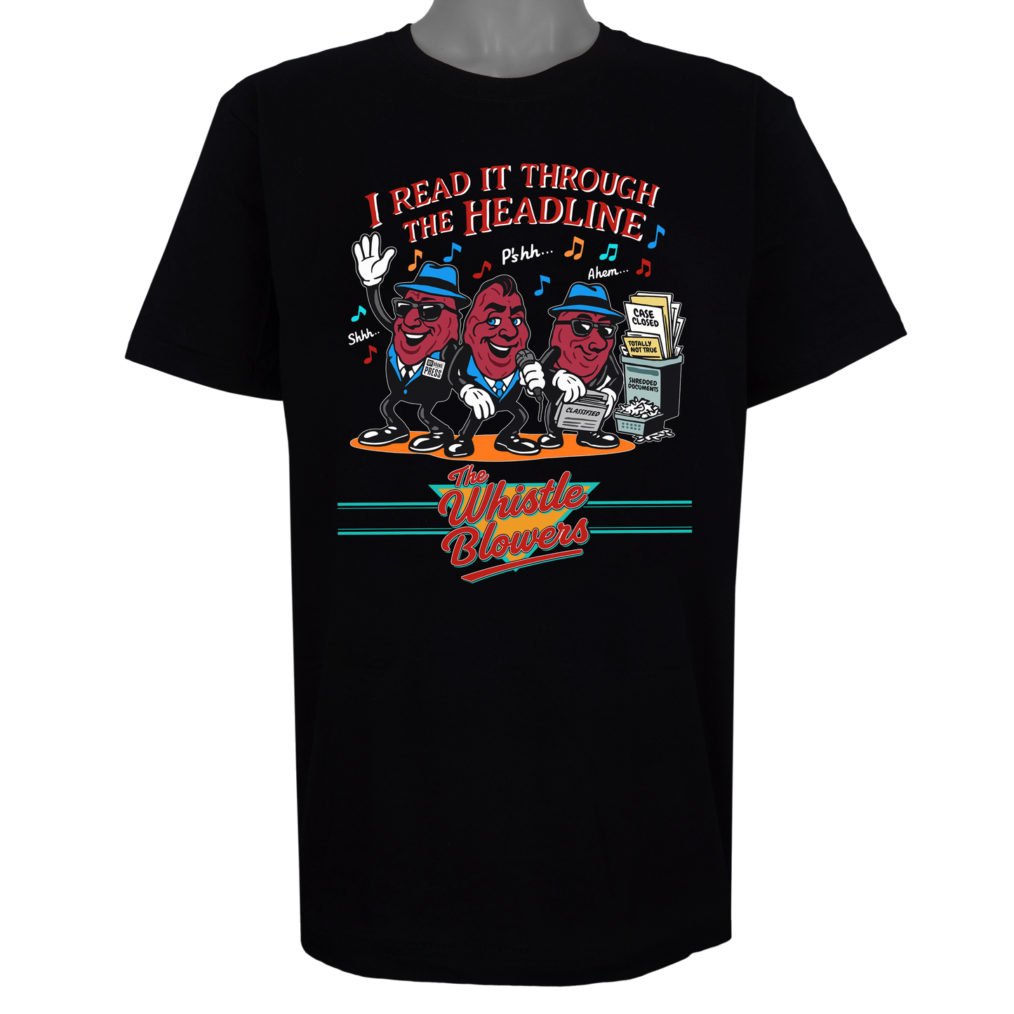 The Whistle Blowers t-shirt featuring three red cartoon characters in blue hats and sunglasses standing in front of a newsstand on a Basic Black tee.