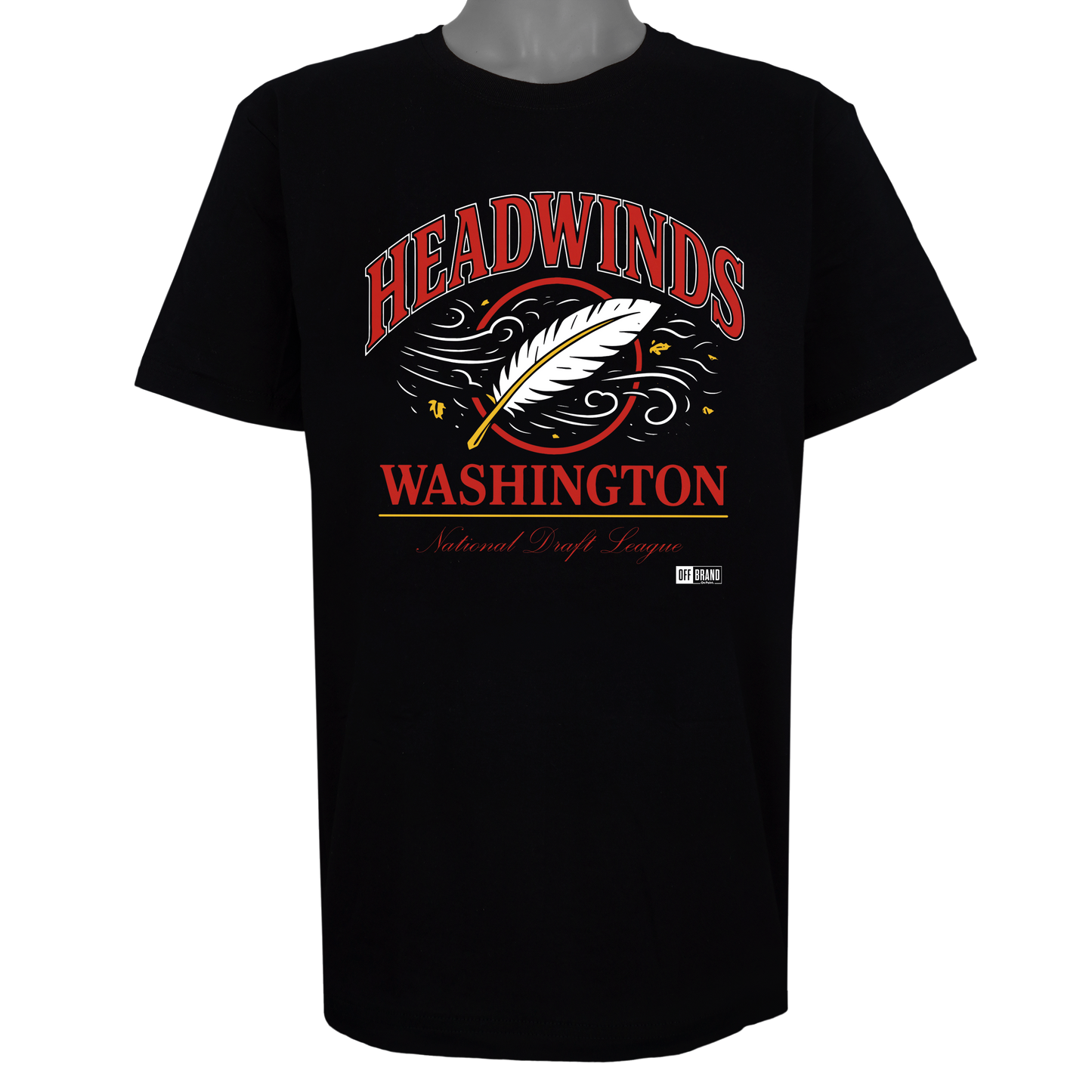 Washington Headwinds parody t-shirt inspired by Washington D.C. football culture, featuring original feather and wind artwork on a Basic Black tee.