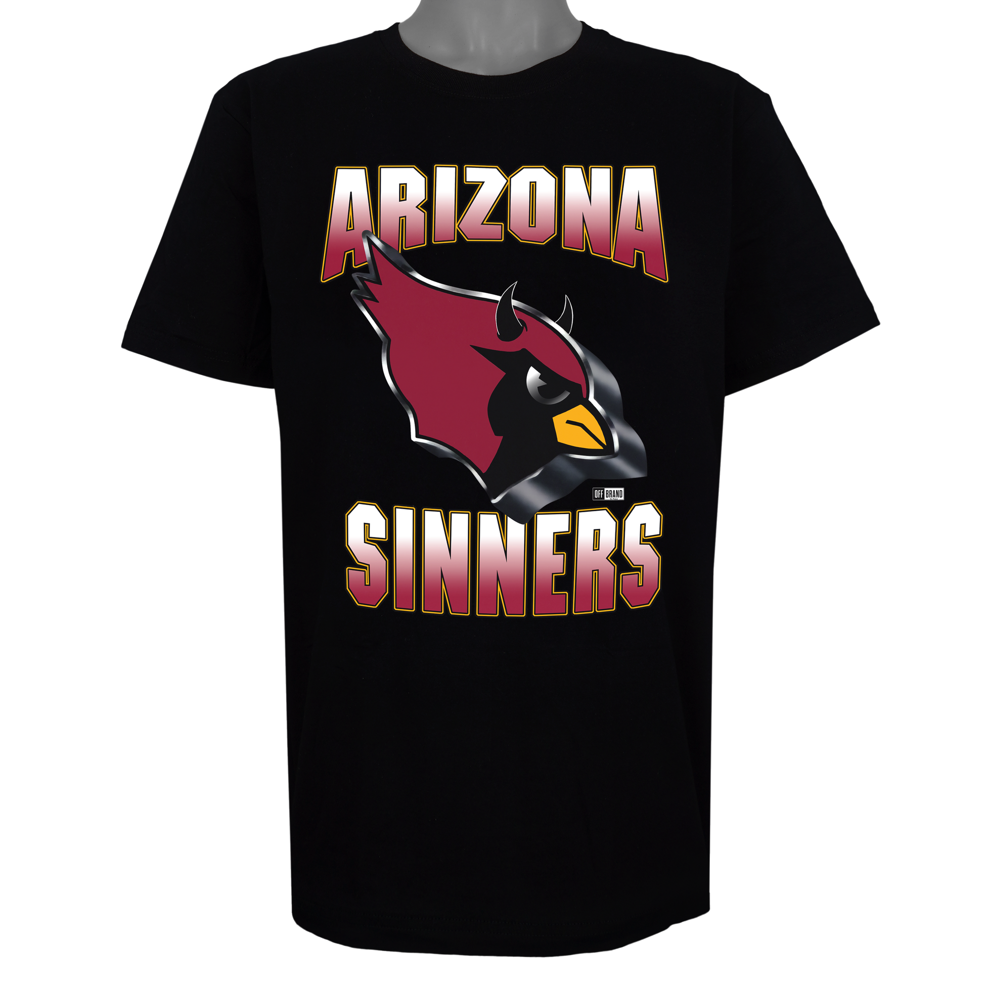 Arizona Sinners parody graphic featuring a red bird with black devil horns and chrome metallic borders on a Basic Black t-shirt with a high-durability DTF print.