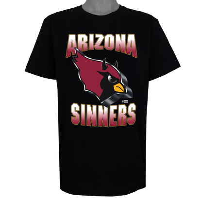 Arizona Sinners parody graphic featuring a red bird with black devil horns and chrome metallic borders on a Basic Black t-shirt with a high-durability DTF print.