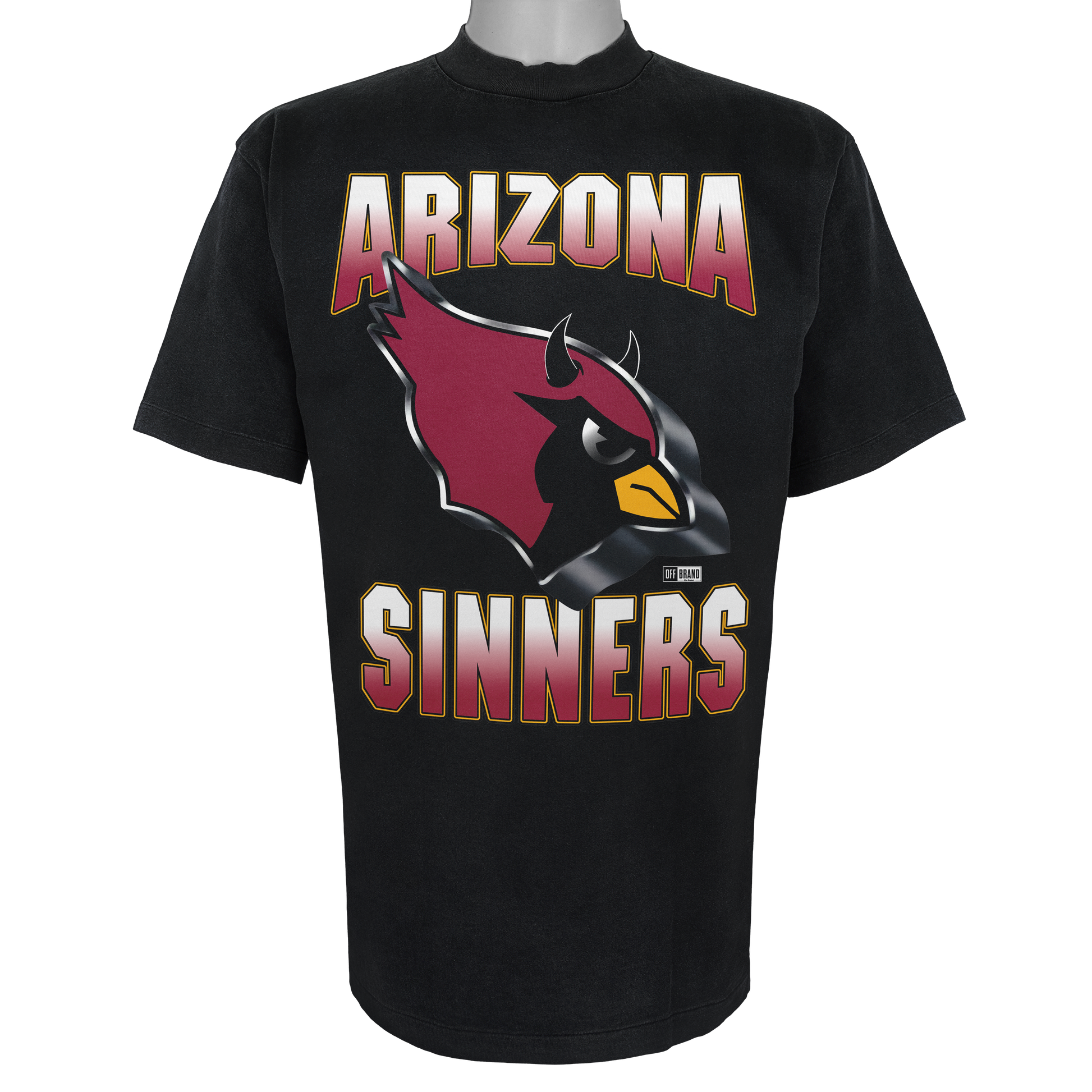 Arizona Sinners parody graphic featuring a red bird with black devil horns and chrome metallic borders on a Vintage Black t-shirt with a soft-hand DTG print.