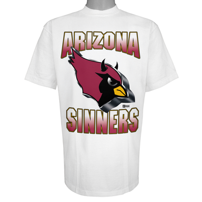 Arizona Sinners parody graphic featuring a red bird with black devil horns and chrome metallic borders on a Vintage White t-shirt with a soft-hand DTG print.