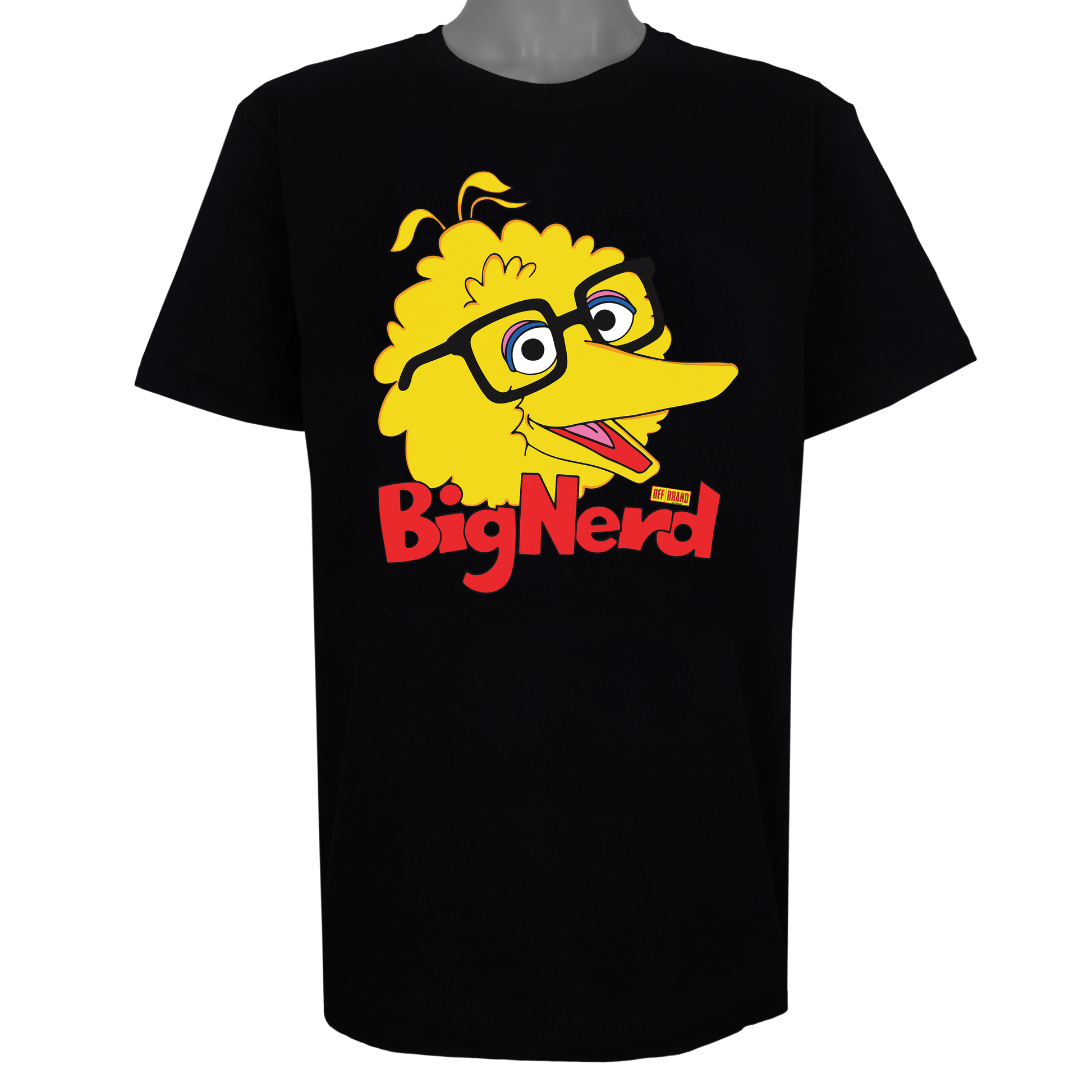 Big Nerd parody graphic inspired by nostalgic children's TV culture, featuring yellow bird artwork with thick-rimmed glasses inside a yellow price tag logo on a Basic Black t-shirt.