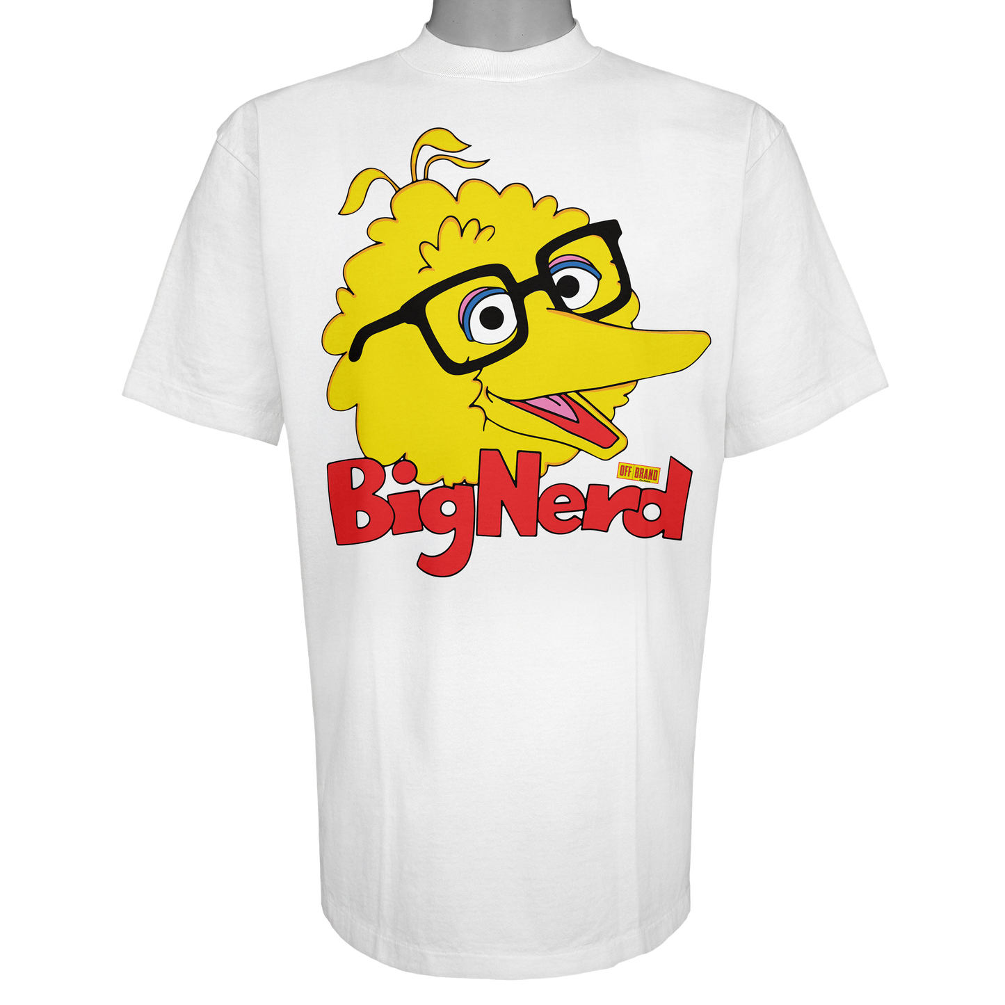 Big Nerd parody graphic inspired by nostalgic children's TV culture, featuring yellow bird artwork with thick-rimmed glasses inside a yellow price tag logo on a Vintage White t-shirt.