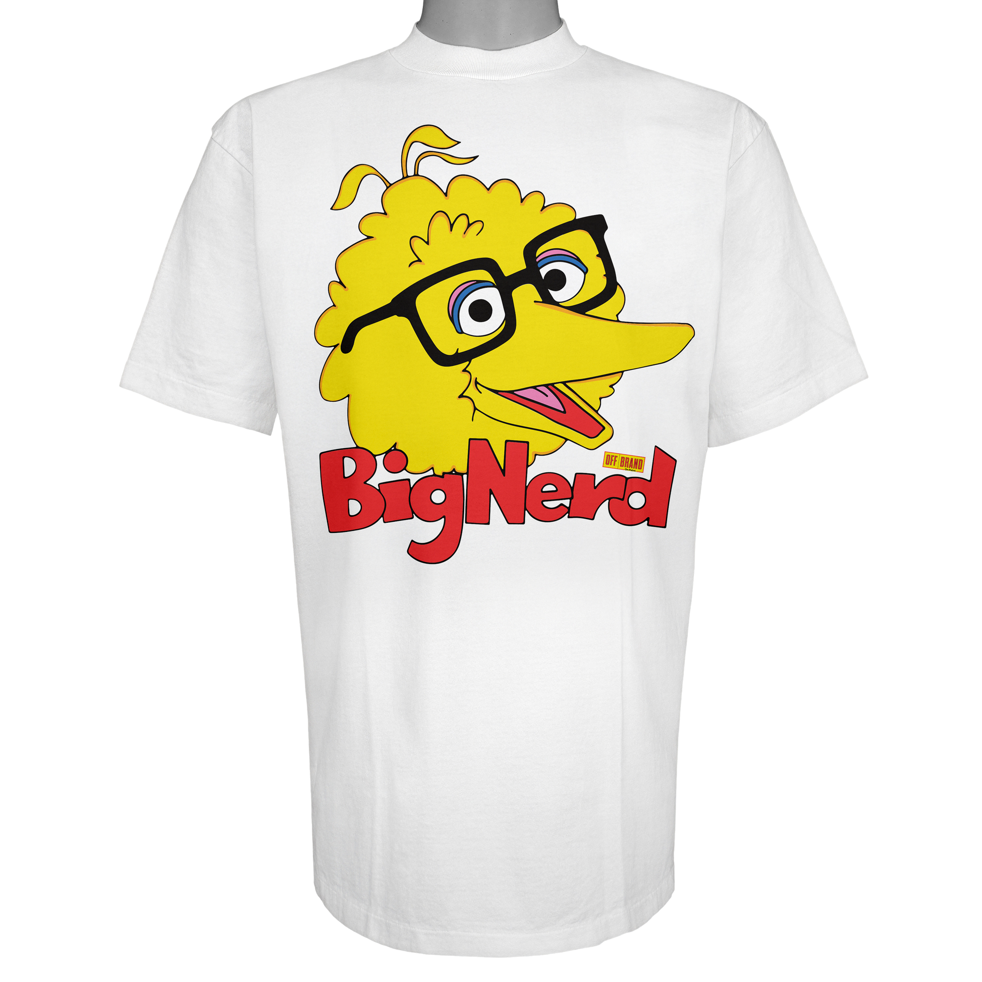 Big Nerd parody graphic inspired by nostalgic children's TV culture, featuring yellow bird artwork with thick-rimmed glasses inside a yellow price tag logo on a Vintage White t-shirt.