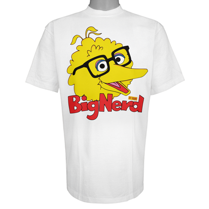Big Nerd parody graphic inspired by nostalgic children's TV culture, featuring yellow bird artwork with thick-rimmed glasses inside a yellow price tag logo on a Vintage White t-shirt.