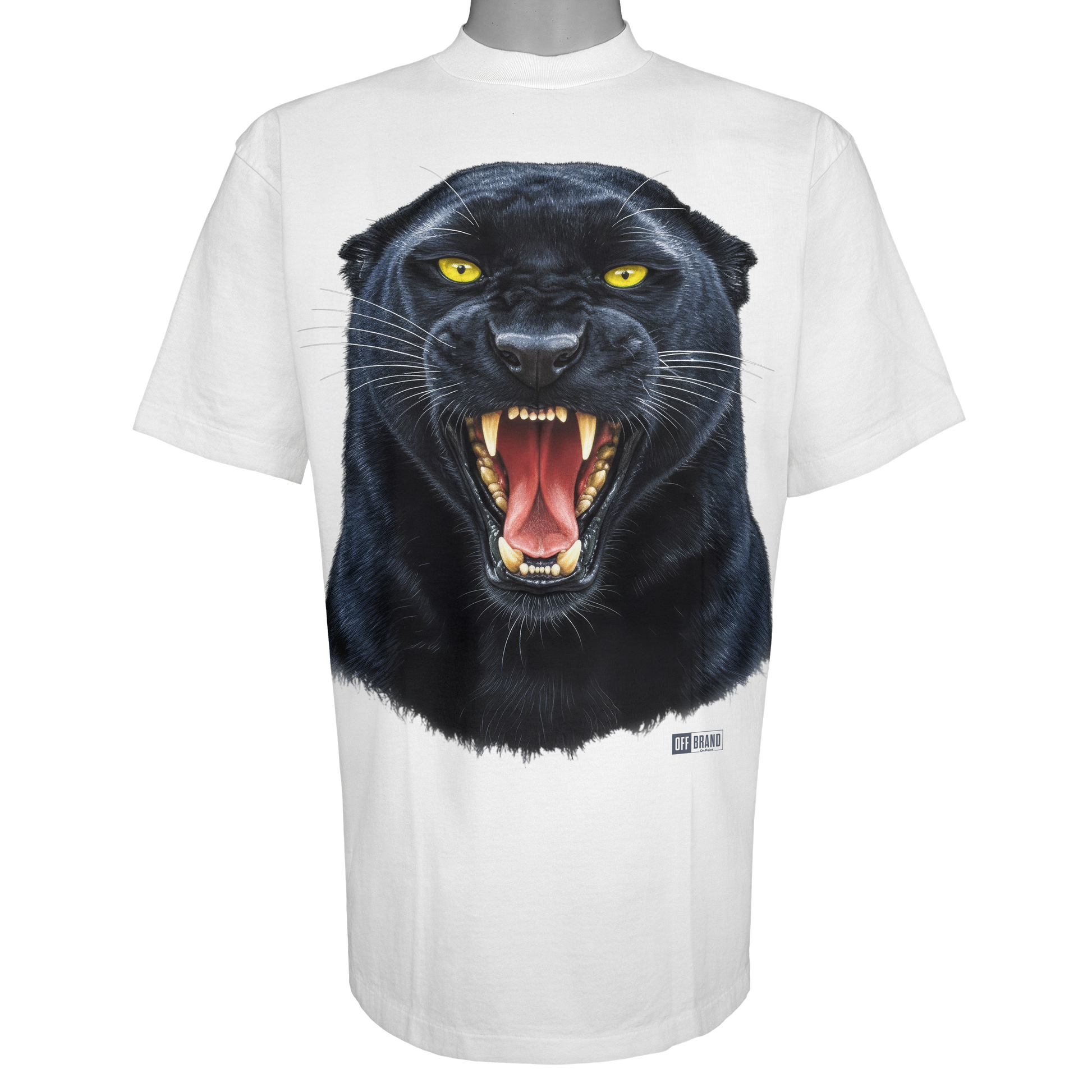 Black Panther parody t-shirt from the OFF x Culture series featuring a hyper-realistic snarling panther on a Vintage White garment.
