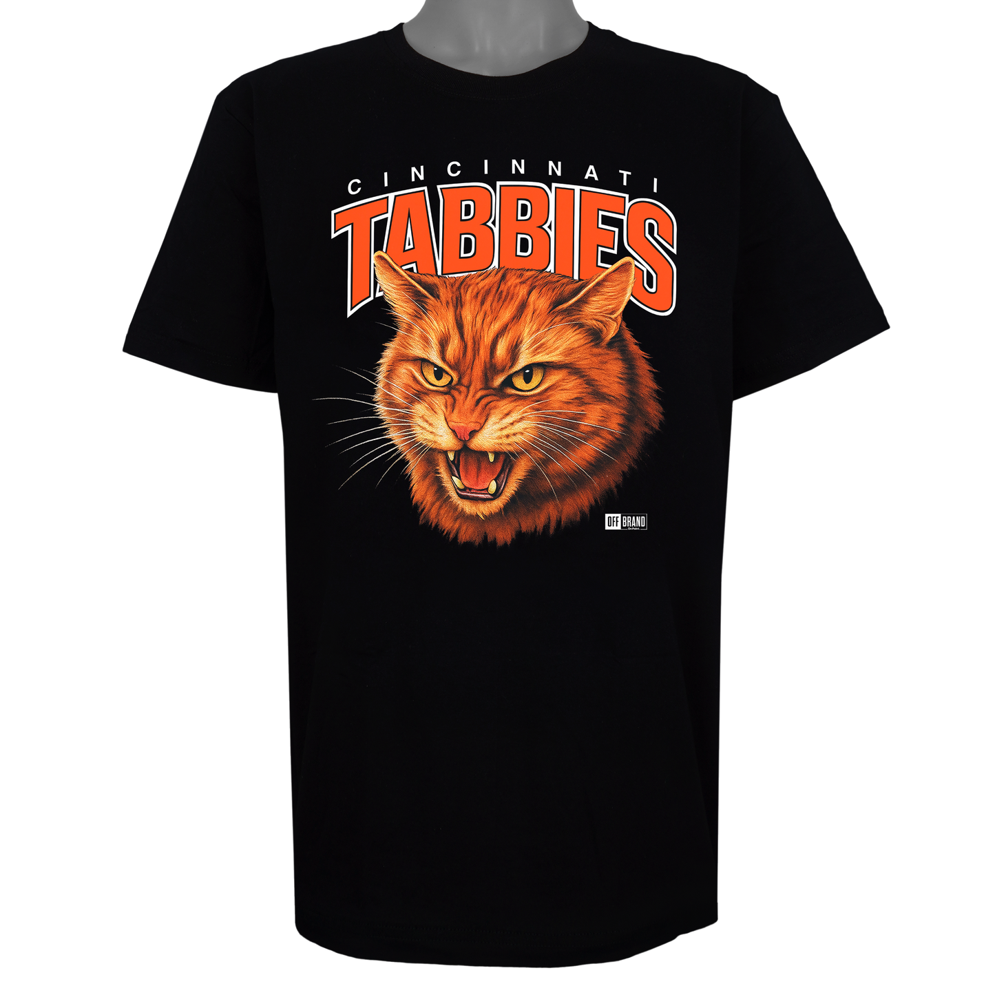Cincinnati Tabbies parody t-shirt inspired by Cincinnati football culture, featuring original tabby cat artwork on a Basic Black garment.