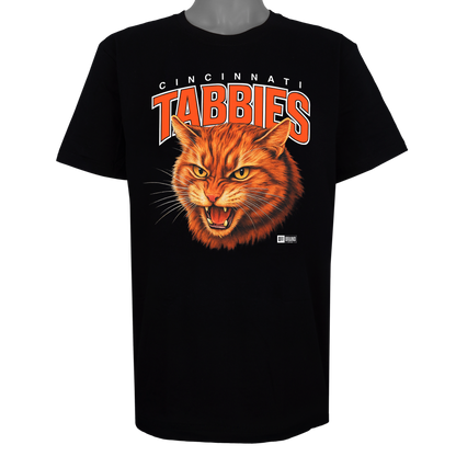 Cincinnati Tabbies parody t-shirt inspired by Cincinnati football culture, featuring original tabby cat artwork on a Basic Black garment.