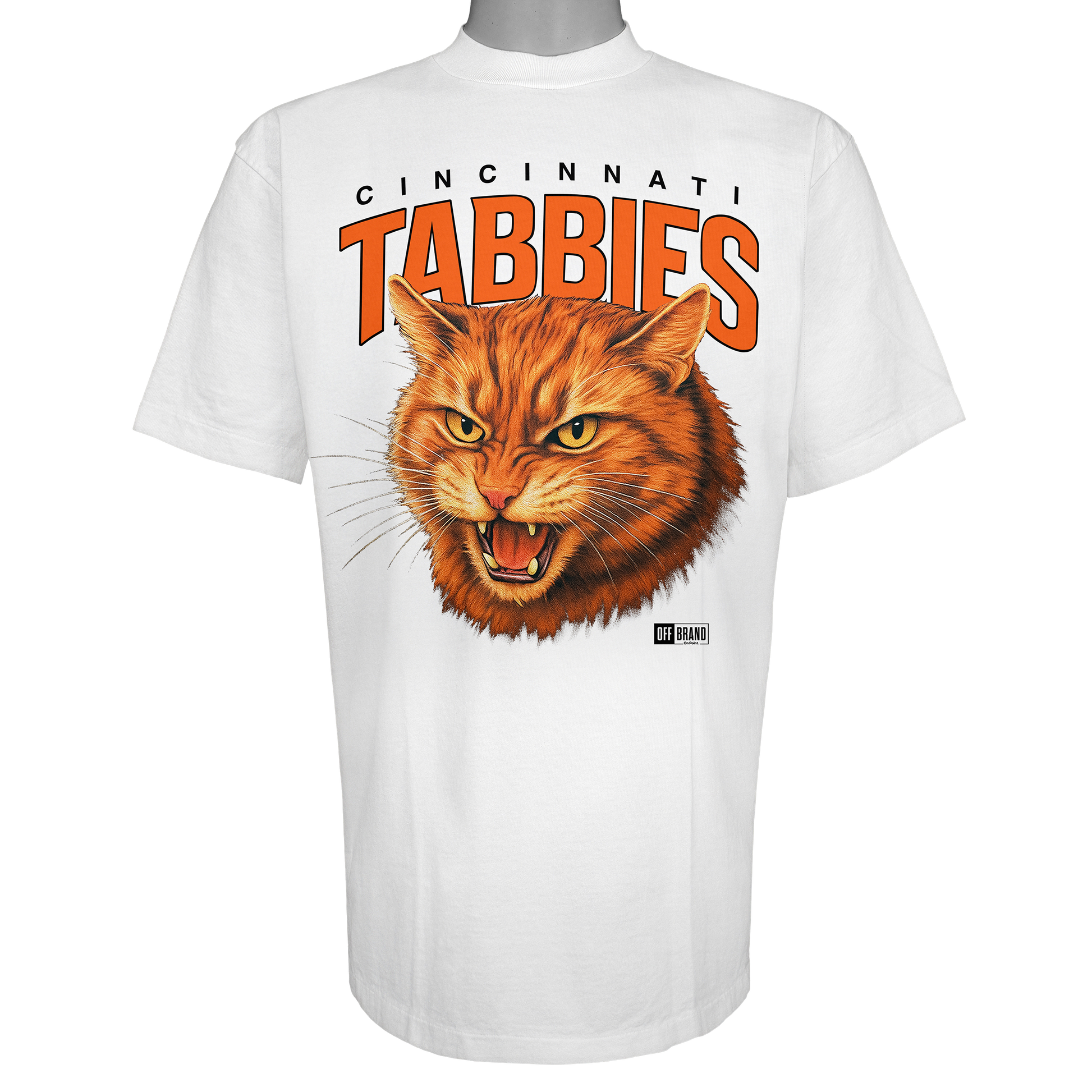 Cincinnati Tabbies parody t-shirt inspired by Cincinnati football culture, featuring original tabby cat artwork on a Vintage White garment.