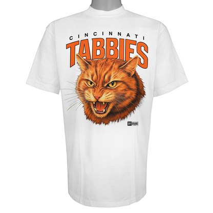 Cincinnati Tabbies parody t-shirt inspired by Cincinnati football culture, featuring original tabby cat artwork on a Vintage White garment.
