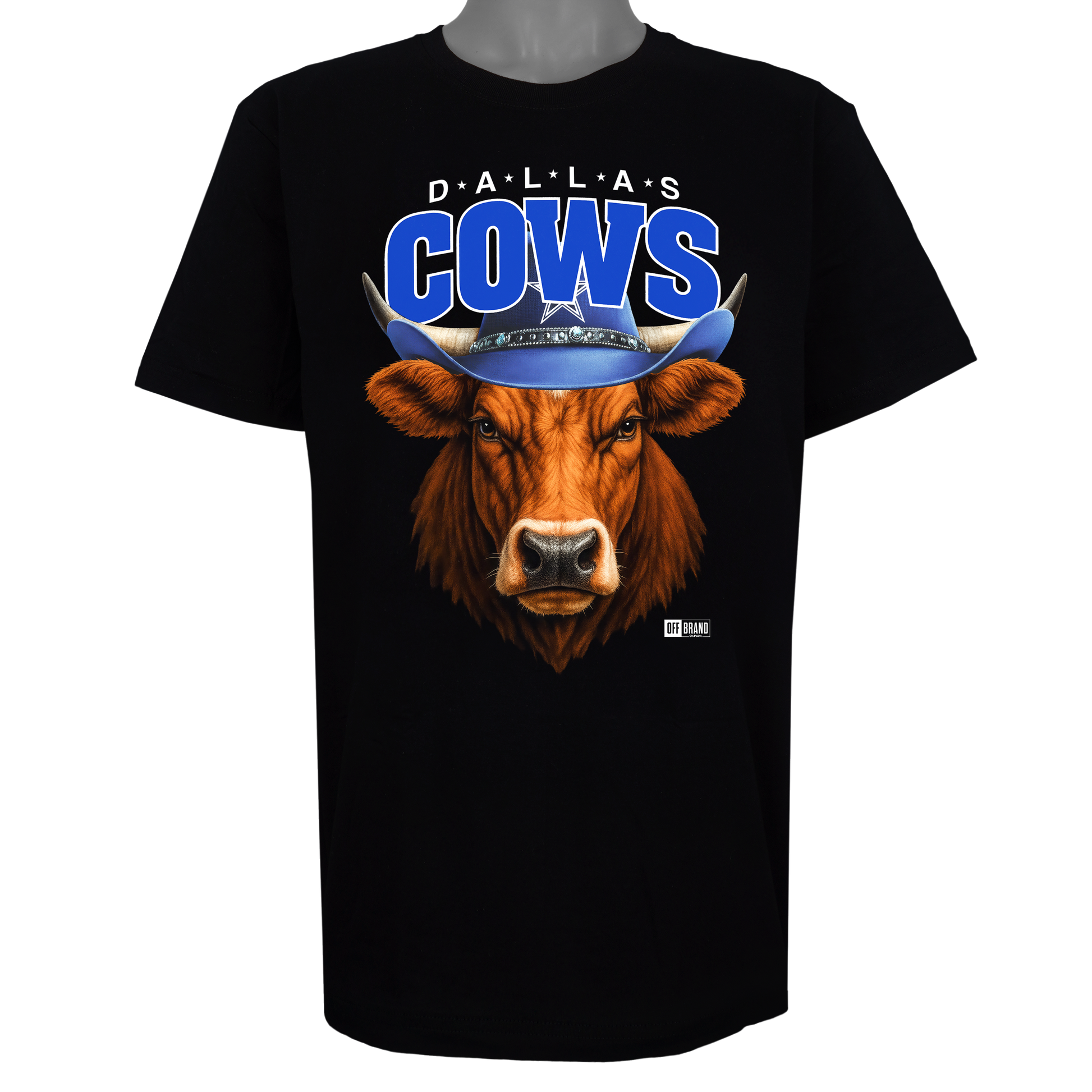 Dallas Cows parody t-shirt inspired by Dallas football culture, featuring original cow artwork on a Basic Black garment.