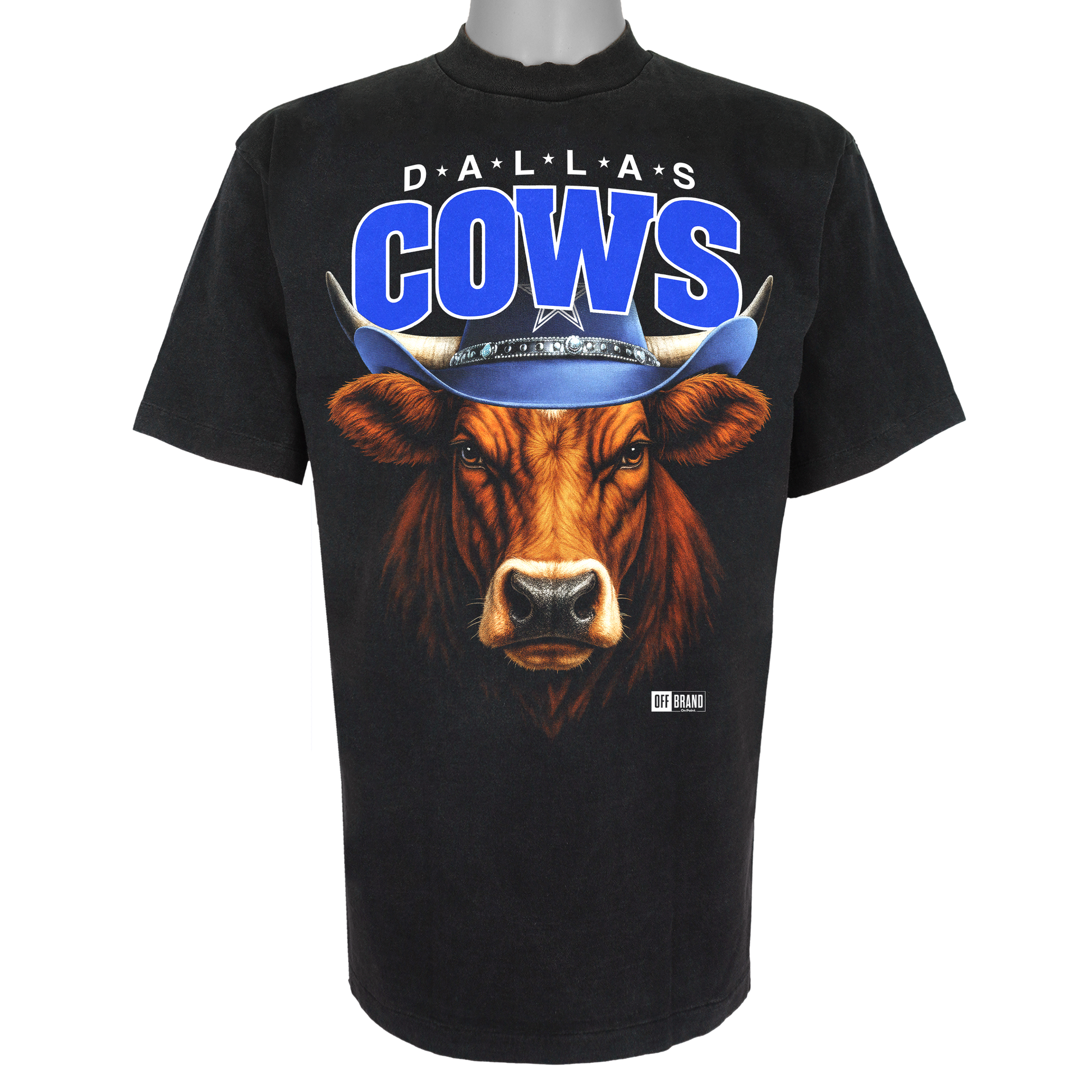 Dallas Cows parody t-shirt inspired by Dallas football culture, featuring original cow artwork on a Vintage Black garment.