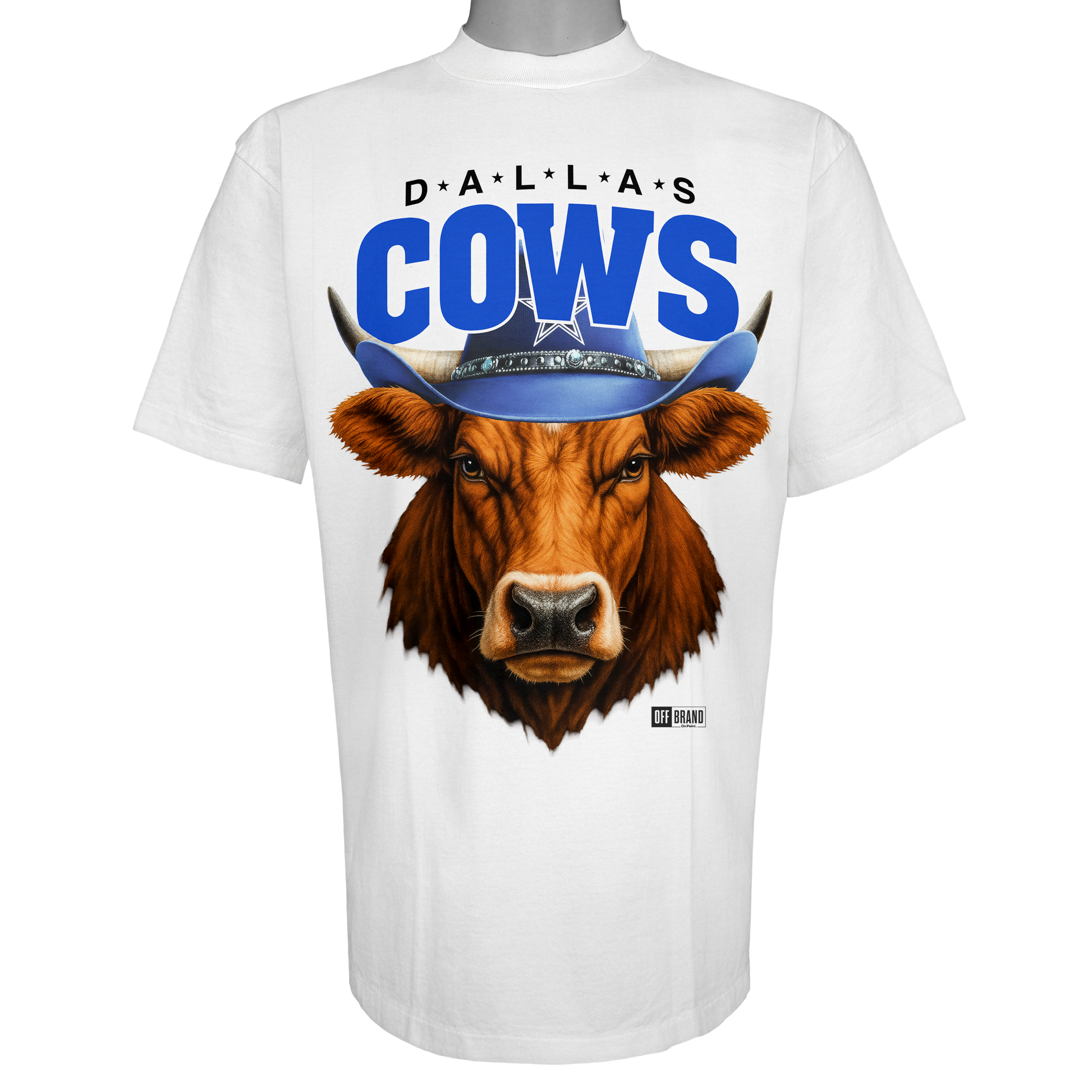 Dallas Cows parody t-shirt inspired by Dallas football culture, featuring original cow artwork on a Vintage White garment.
