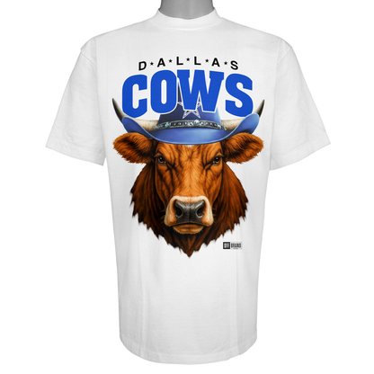 Dallas Cows parody t-shirt inspired by Dallas football culture, featuring original cow artwork on a Vintage White garment.