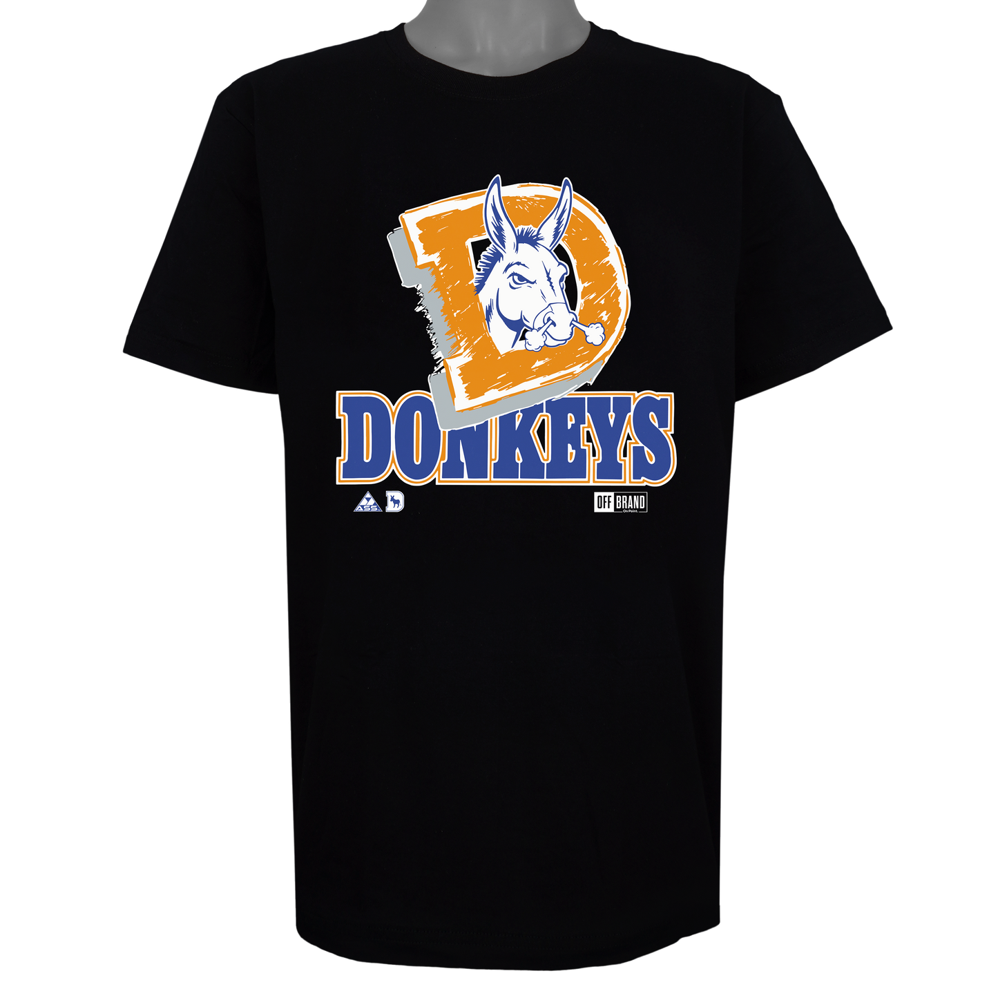 Denver Donkeys parody t-shirt inspired by Denver Broncos football culture, featuring original donkey artwork on a Basic Black garment.