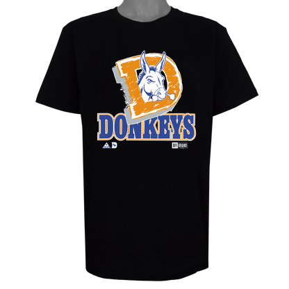 Denver Donkeys parody t-shirt inspired by Denver Broncos football culture, featuring original donkey artwork on a Basic Black garment.