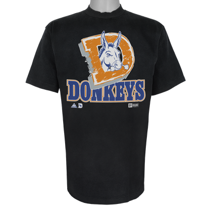 Denver Donkeys parody t-shirt inspired by Denver Broncos football culture, featuring original donkey artwork on a Vintage Black garment.
