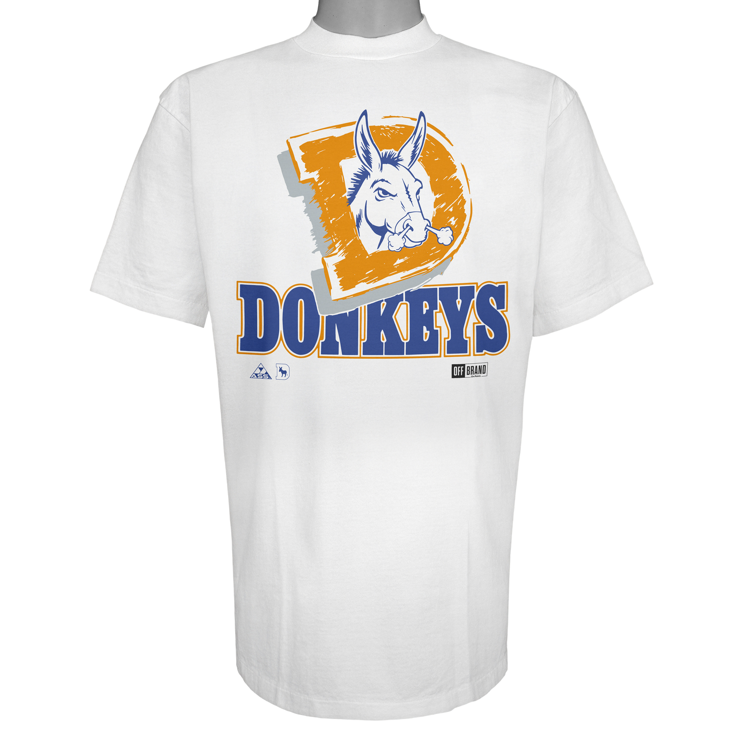 Denver Donkeys parody t-shirt inspired by Denver Broncos football culture, featuring original donkey artwork on a Vintage White garment.