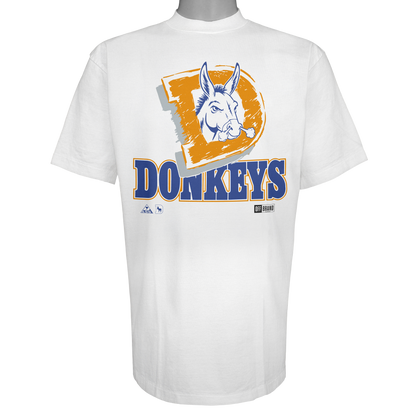 Denver Donkeys parody t-shirt inspired by Denver Broncos football culture, featuring original donkey artwork on a Vintage White garment.