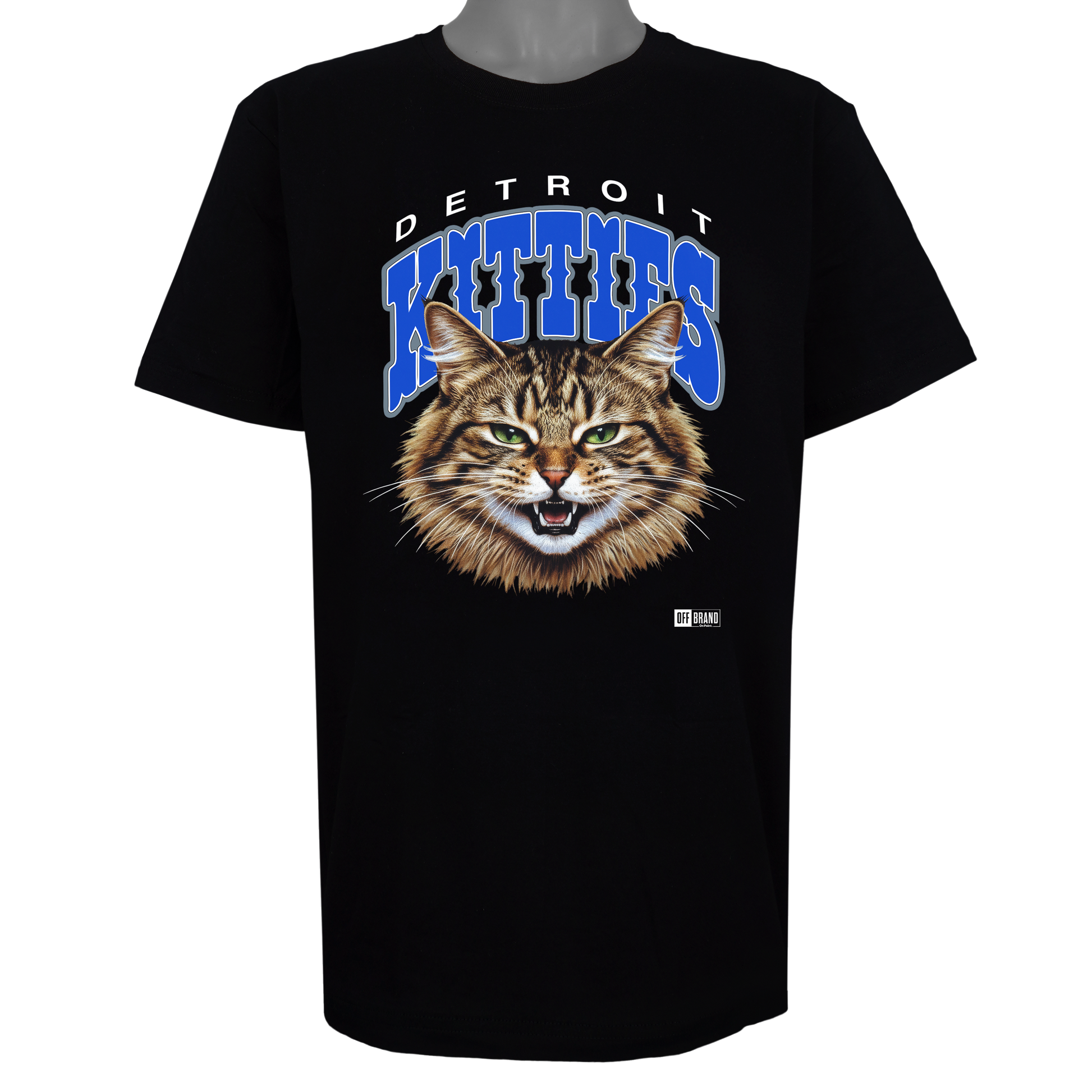 Detroit Kitties parody t-shirt inspired by Detroit Lions football culture, featuring original cat artwork on a Basic Black garment.