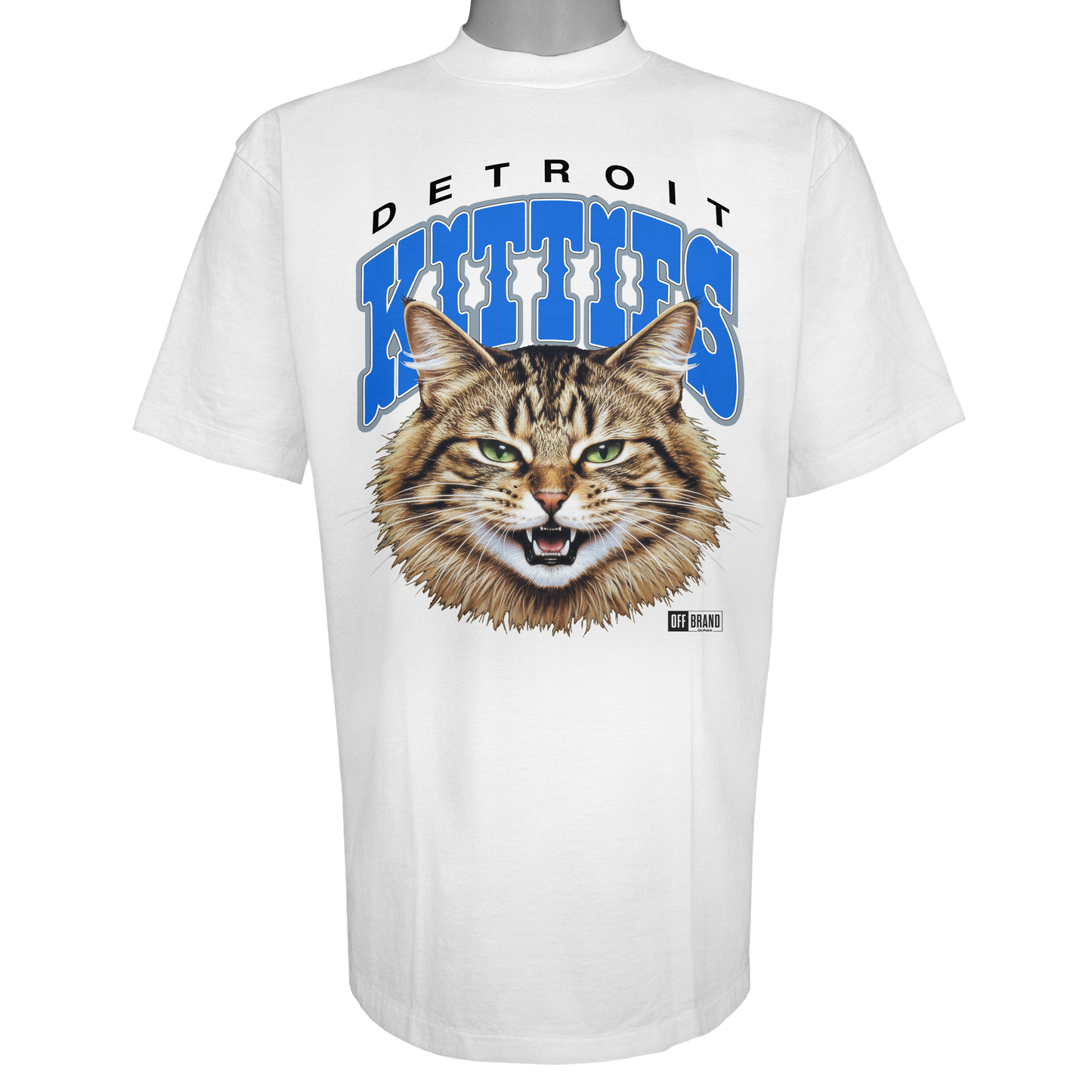 Detroit Kitties parody t-shirt inspired by Detroit Lions football culture, featuring original cat artwork on a Vintage White garment.