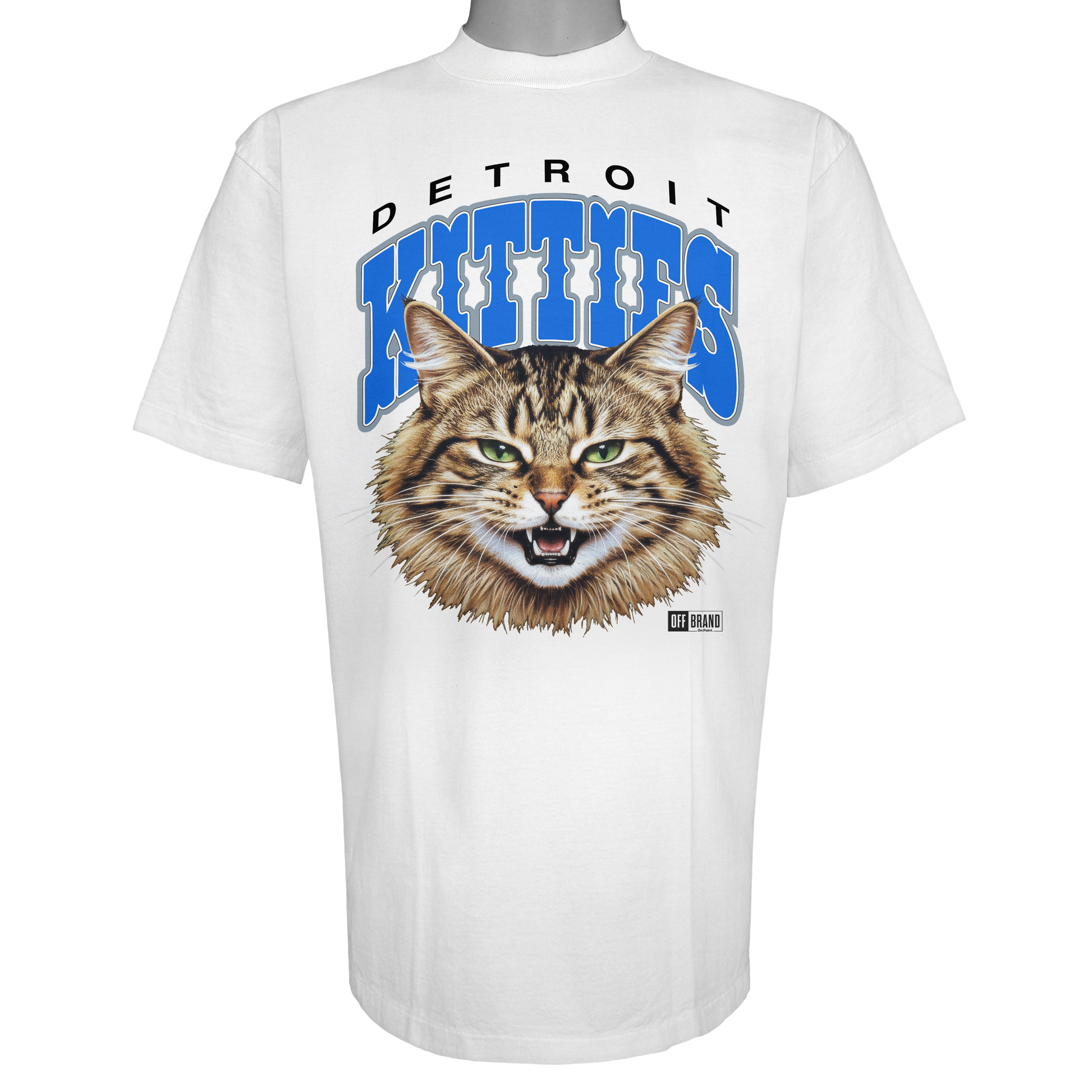 Detroit Kitties parody t-shirt inspired by Detroit Lions football culture, featuring original cat artwork on a Vintage White garment.