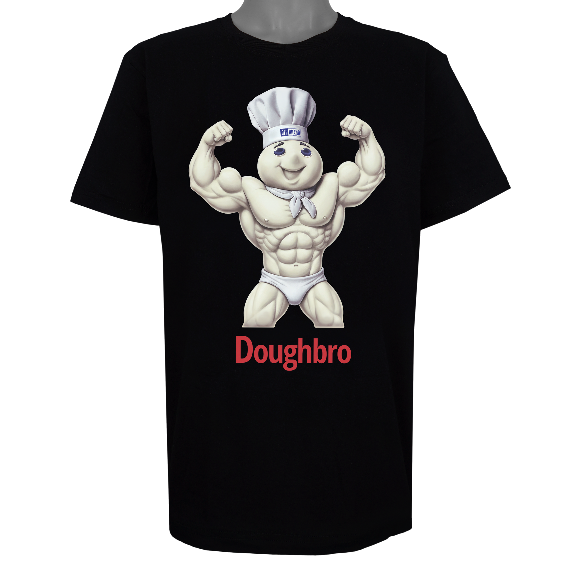 Doughbro parody t-shirt featuring a muscular dough boy mascot in a chef's hat on a Basic Black tee.