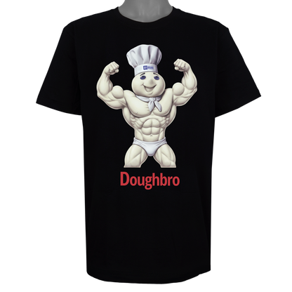 Doughbro parody t-shirt featuring a muscular dough boy mascot in a chef's hat on a Basic Black tee.