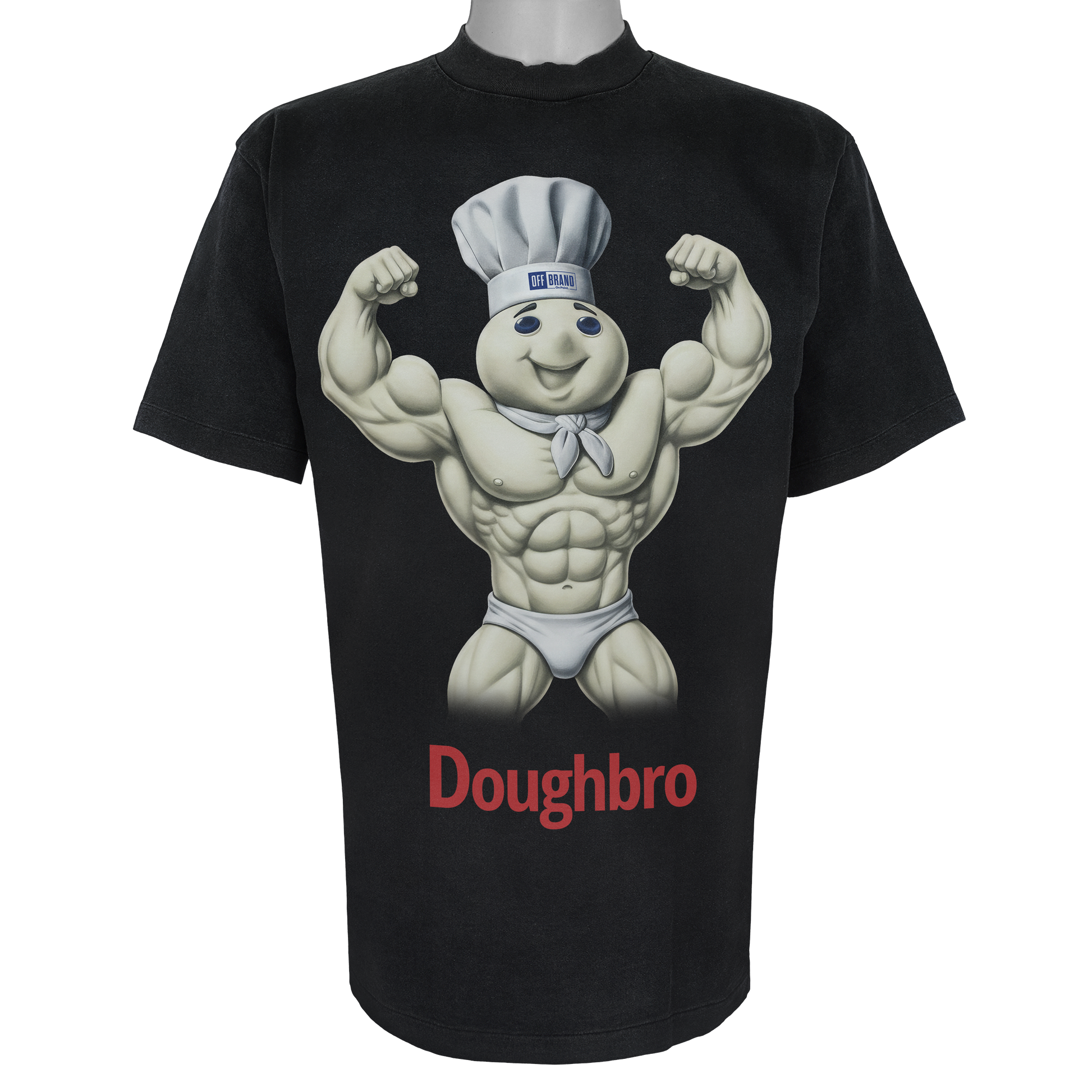 Doughbro parody t-shirt featuring a muscular dough boy mascot in a chef's hat on a Vintage Black tee.