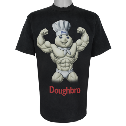 Doughbro parody t-shirt featuring a muscular dough boy mascot in a chef's hat on a Vintage Black tee.