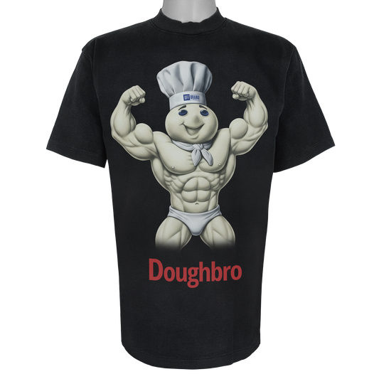 Doughbro parody t-shirt featuring a muscular dough boy mascot in a chef's hat on a Vintage Black tee.
