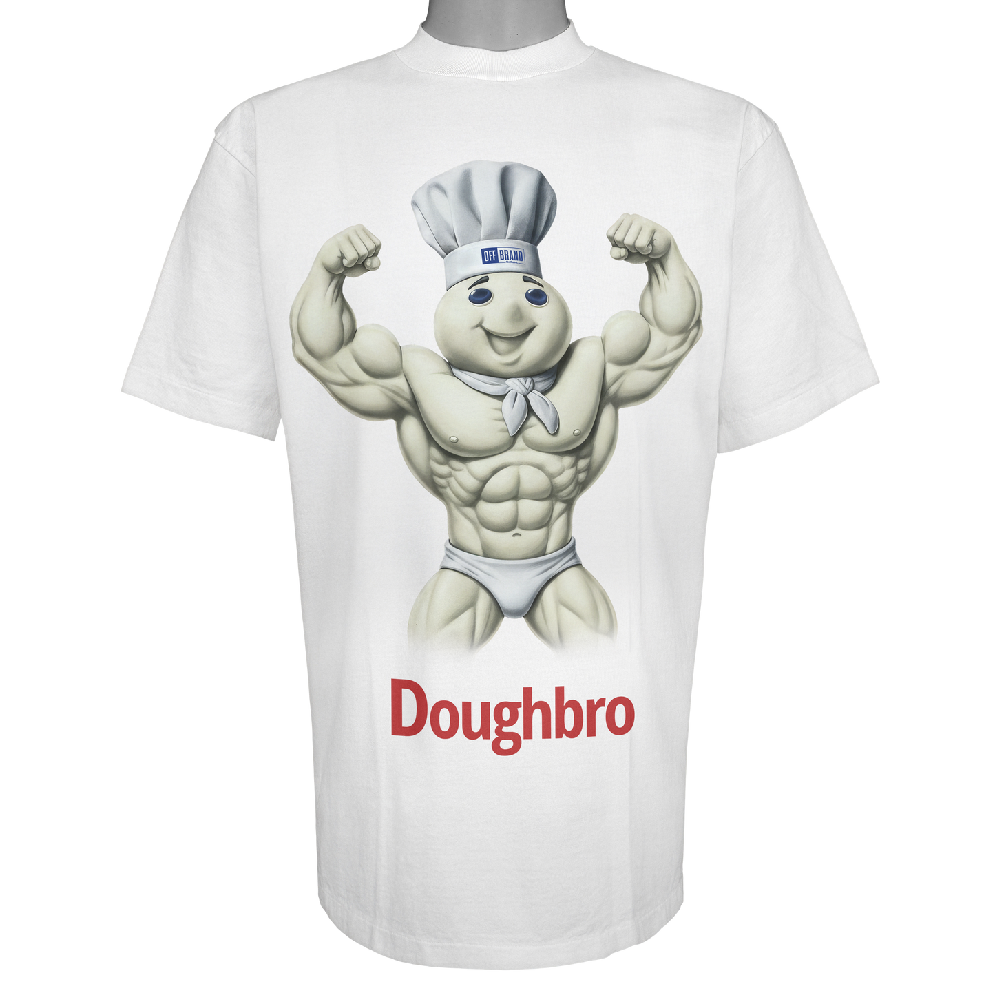 Doughbro parody t-shirt featuring a muscular dough boy mascot in a chef's hat on a Vintage White tee.