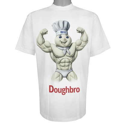 Doughbro parody t-shirt featuring a muscular dough boy mascot in a chef's hat on a Vintage White tee.