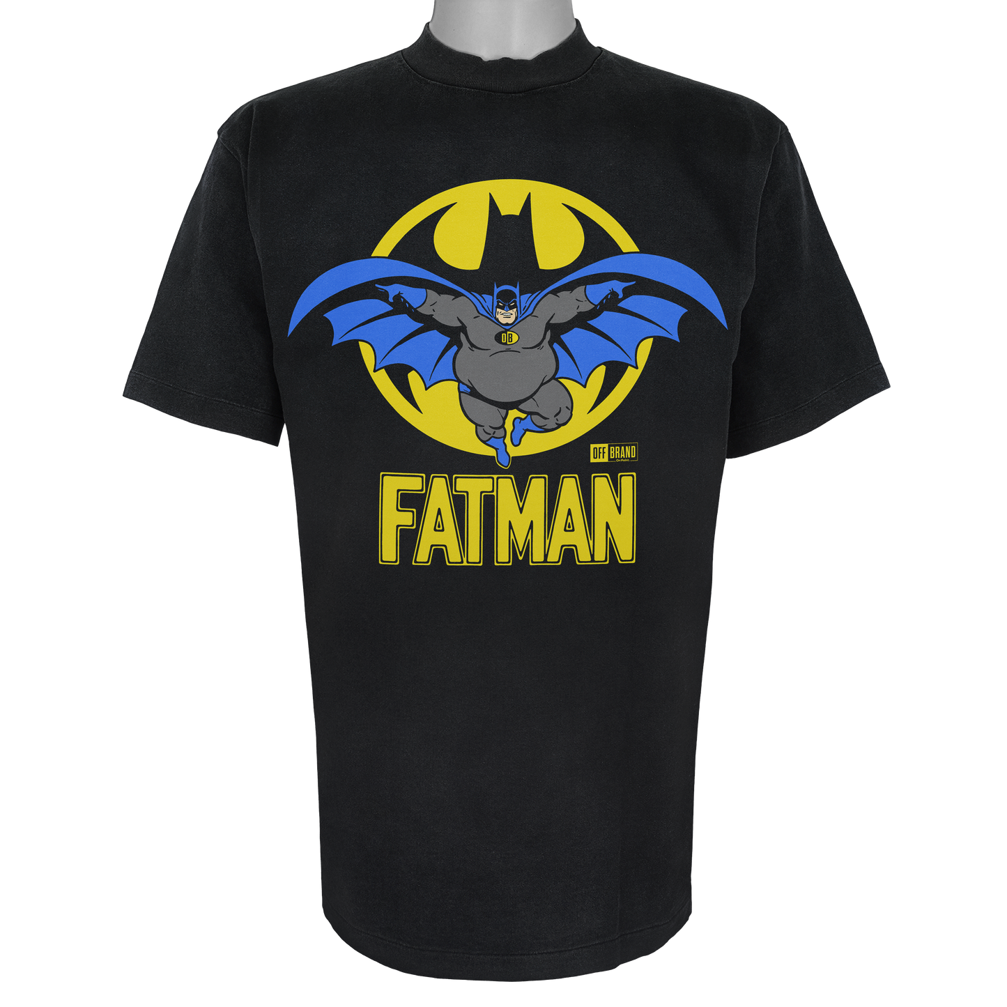 Fatman parody superhero t shirt in vintage black [not a batman tee] featuring bold comic style hero design by OFF Brand