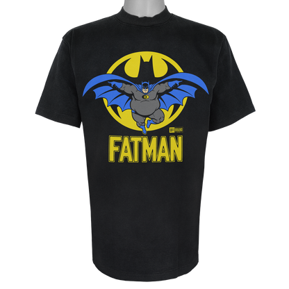 Fatman parody superhero t shirt in vintage black [not a batman tee] featuring bold comic style hero design by OFF Brand