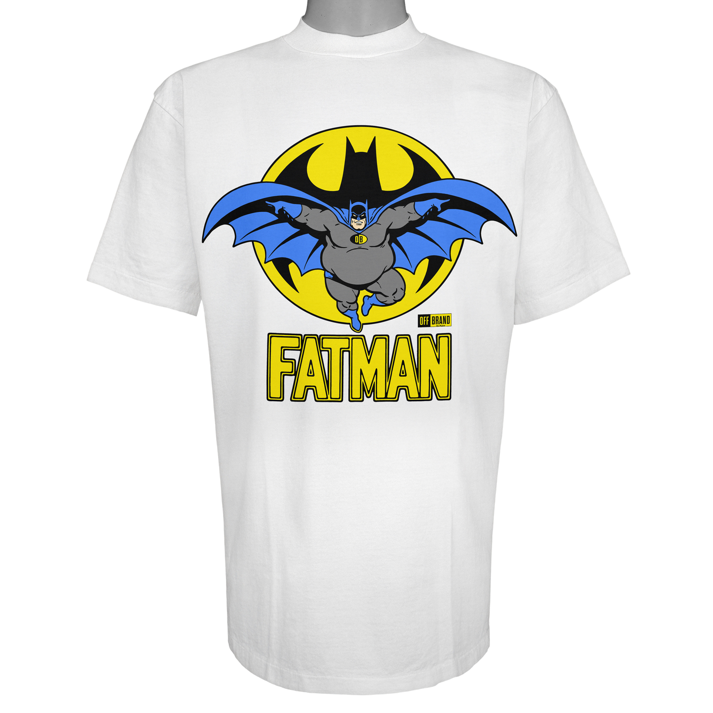 Fatman parody superhero t shirt in vintage white [not a batman tee] with bold cartoon hero artwork by OFF Brand