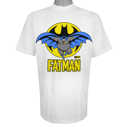 Fatman parody superhero t shirt in vintage white [not a batman tee] with bold cartoon hero artwork by OFF Brand